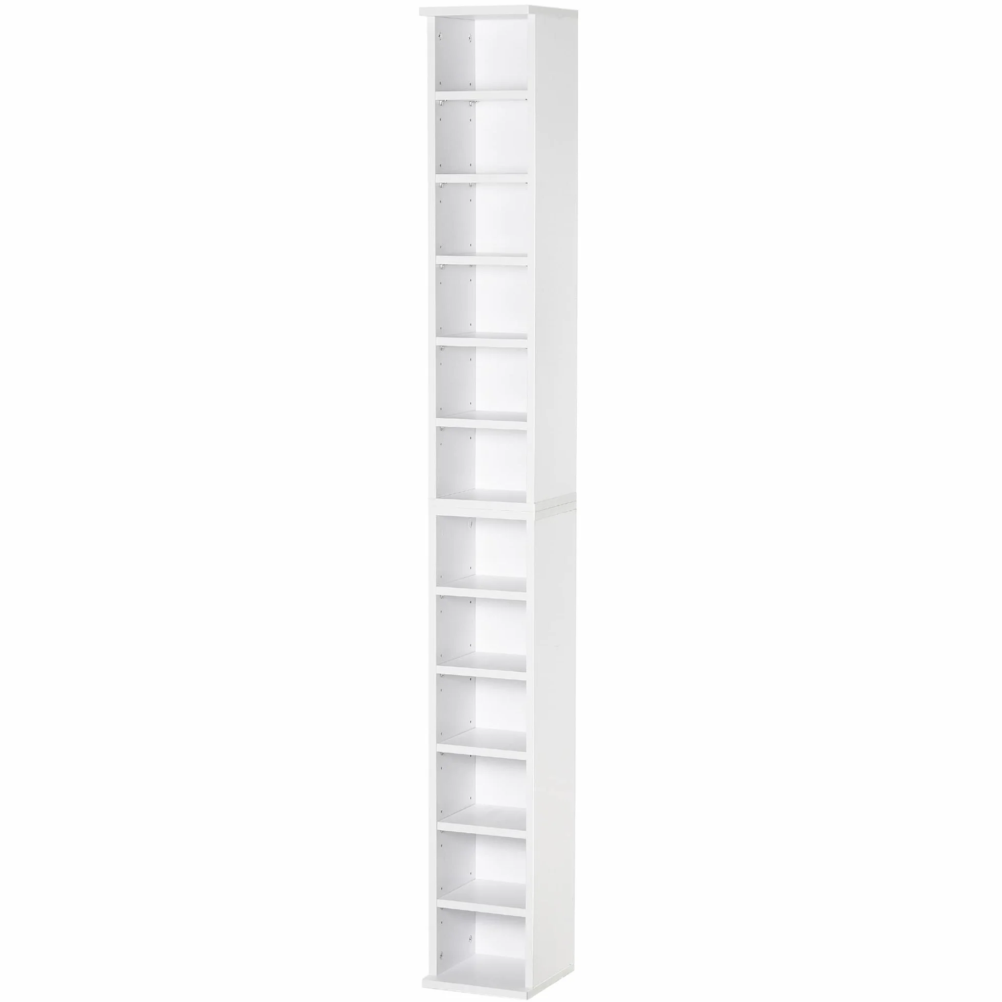 HOMCOM Set de 2 Estanterías para CDs y DVDs, Soportes para CD Estrechos con 12 Compartimentos, Estantes Ajustables, Estanterías para Salón, Oficina, 21x22,5x88,5 cm, Blanco