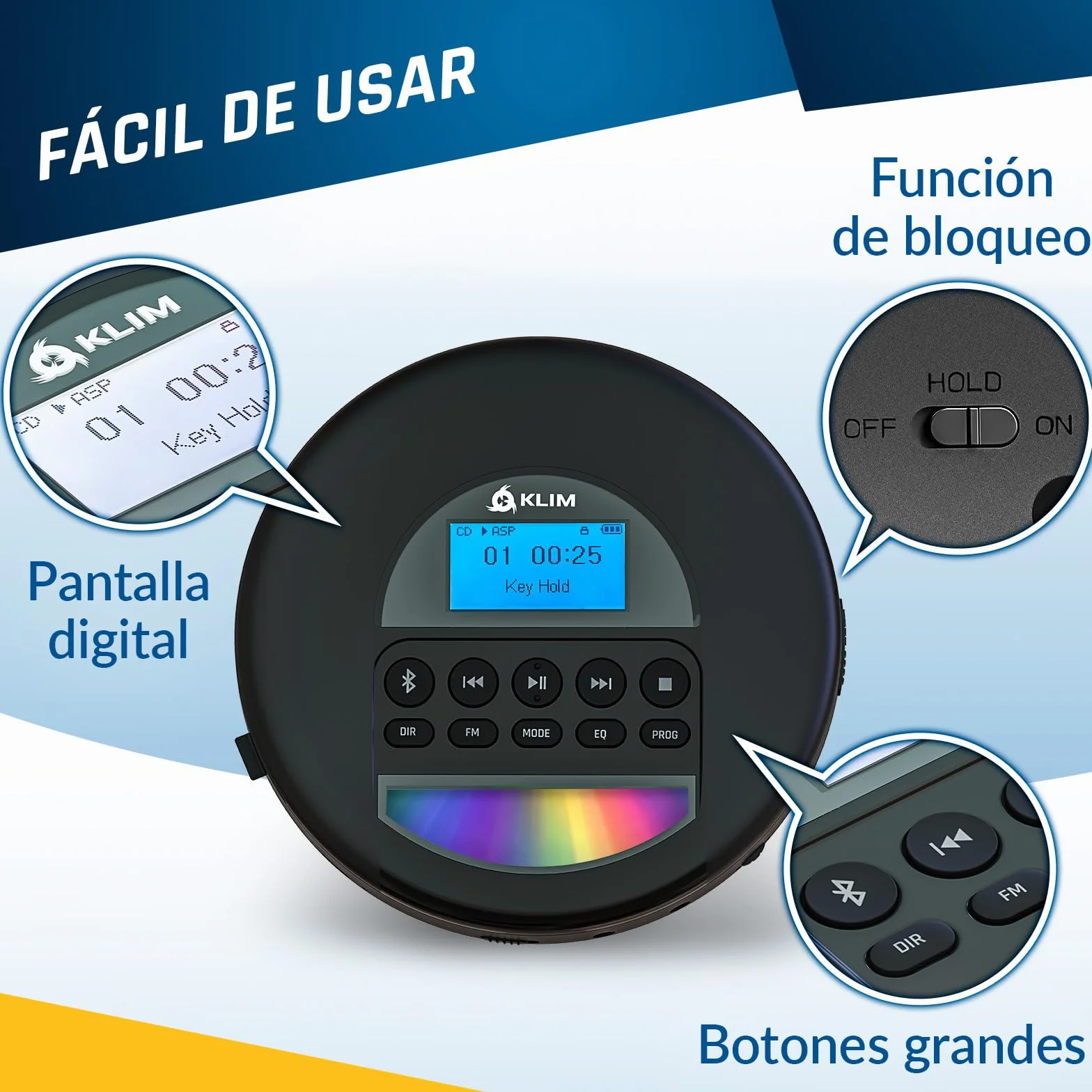 KLIM Nomad Reproductor CD Portátil con Batería Interna Larga Duración y Auriculares Fusion - 16GB TF Card - CD Player Mini Compacto - Radio FM Compatible CDR CDRW MP3 - Negro