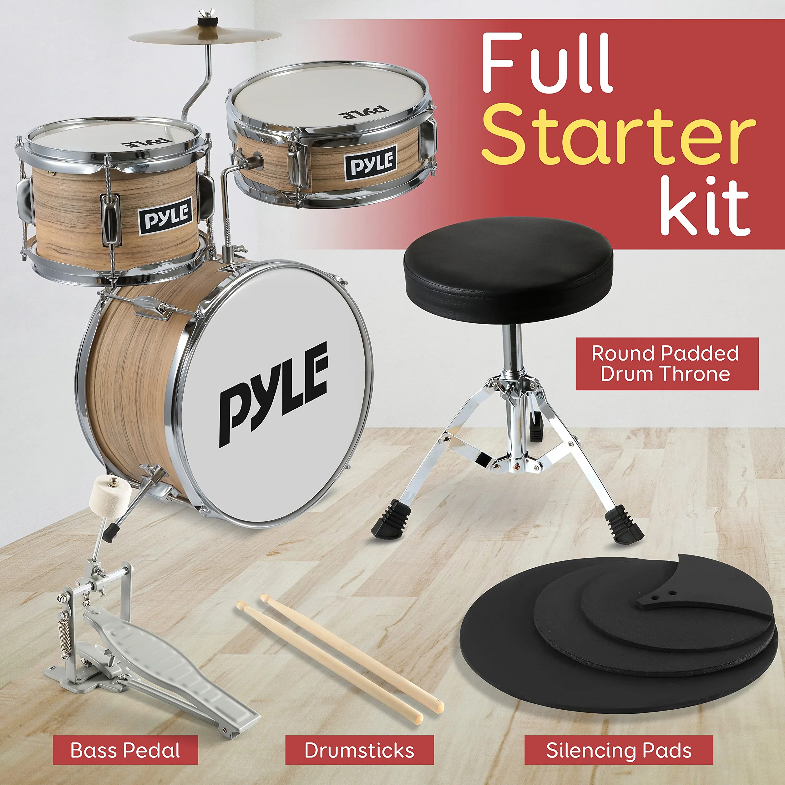 Pyle bateria infantil 5 años en adelante, Principiantes, Bombo de 13”, Snare, Tom, Platillo, Banqueta, Sordinas, Baquetas