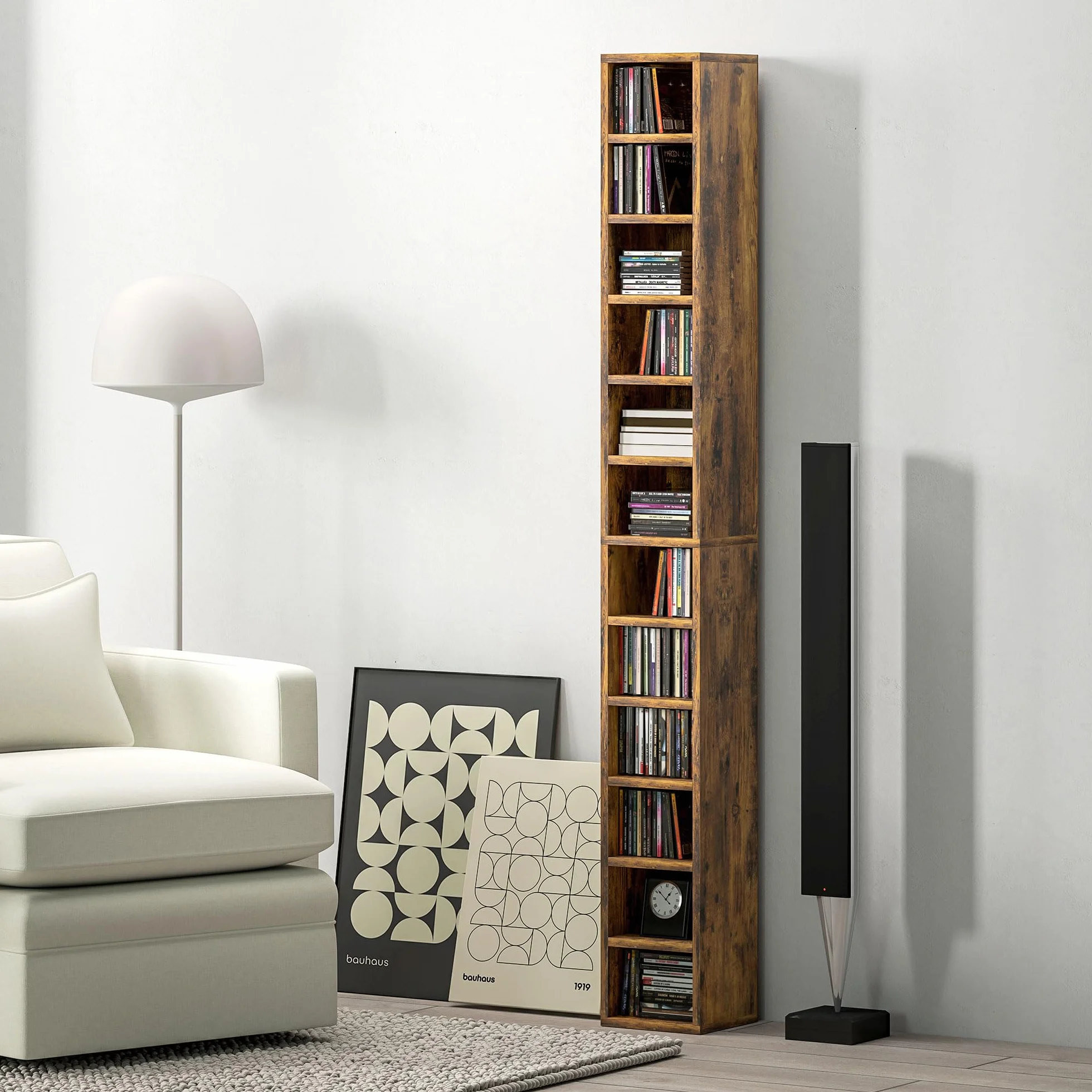 HOMCOM Unidad de almacenamiento para 204 CD, torre de almacenamiento con 12 cubos, estantería de 175 cm de alto para sala de estar, oficina en casa, sala de estudio, marrón rústico