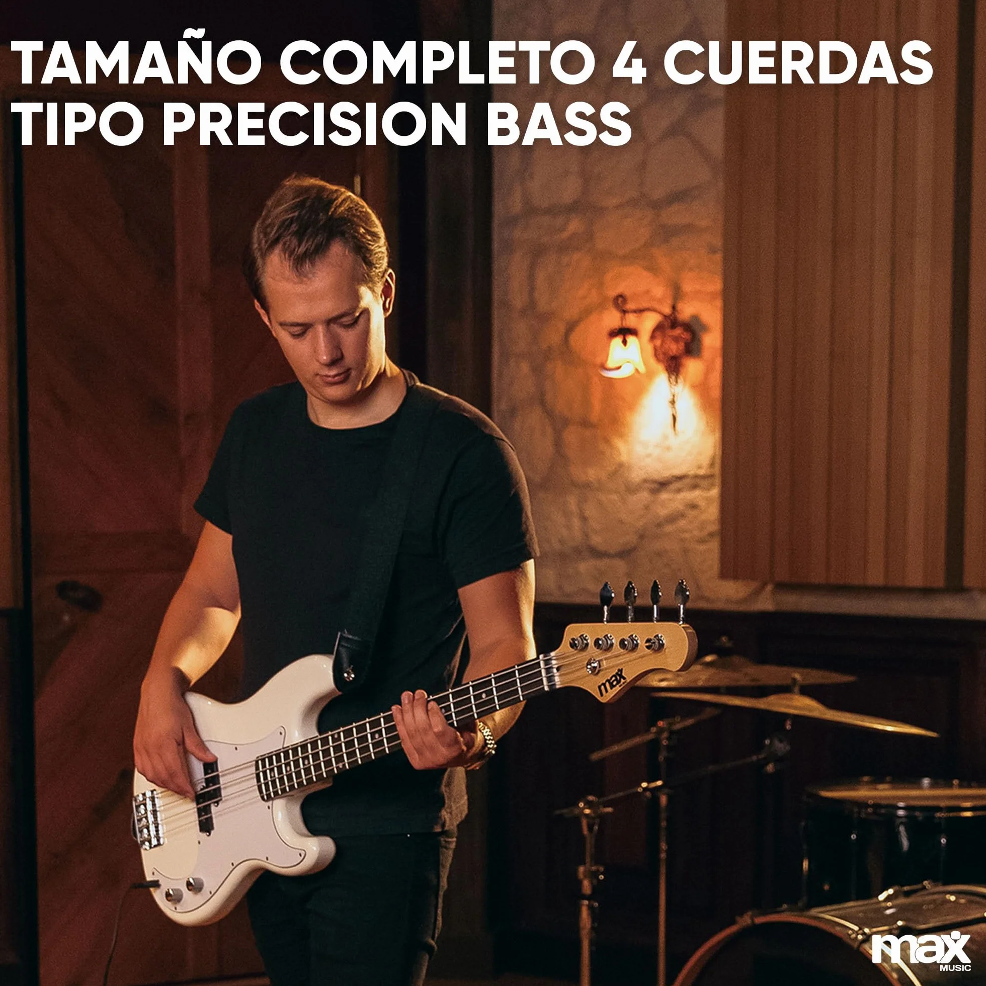 Max GigKit - Pack completo de bajo eléctrico blanco con amplificador de 40W, soporte, funda, afinador, cuerdas y cable, ideal para principiantes y práctica en casa o estudio