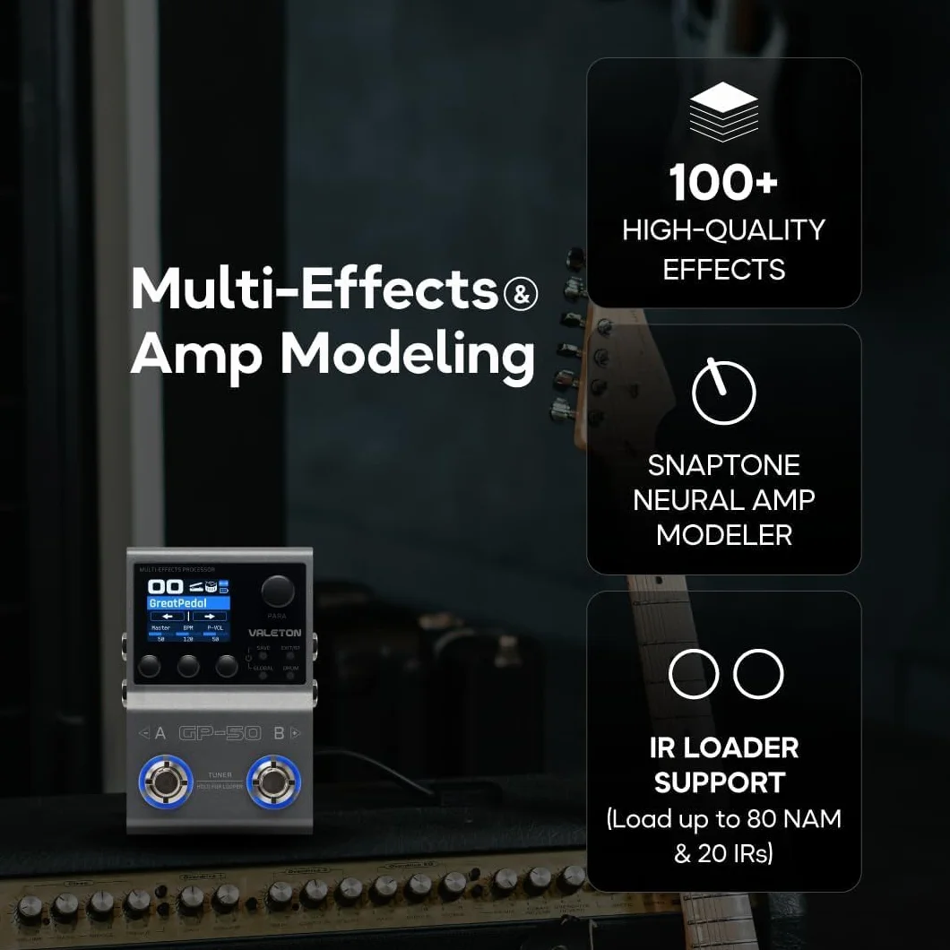 Valeton GP-50 SnapTone procesador multiefectos para guitarra con Neural Amp Modeler, cargador IR, interfaz de audio USB, caja de ritmos, looper, Bluetooth, 100+ efectos