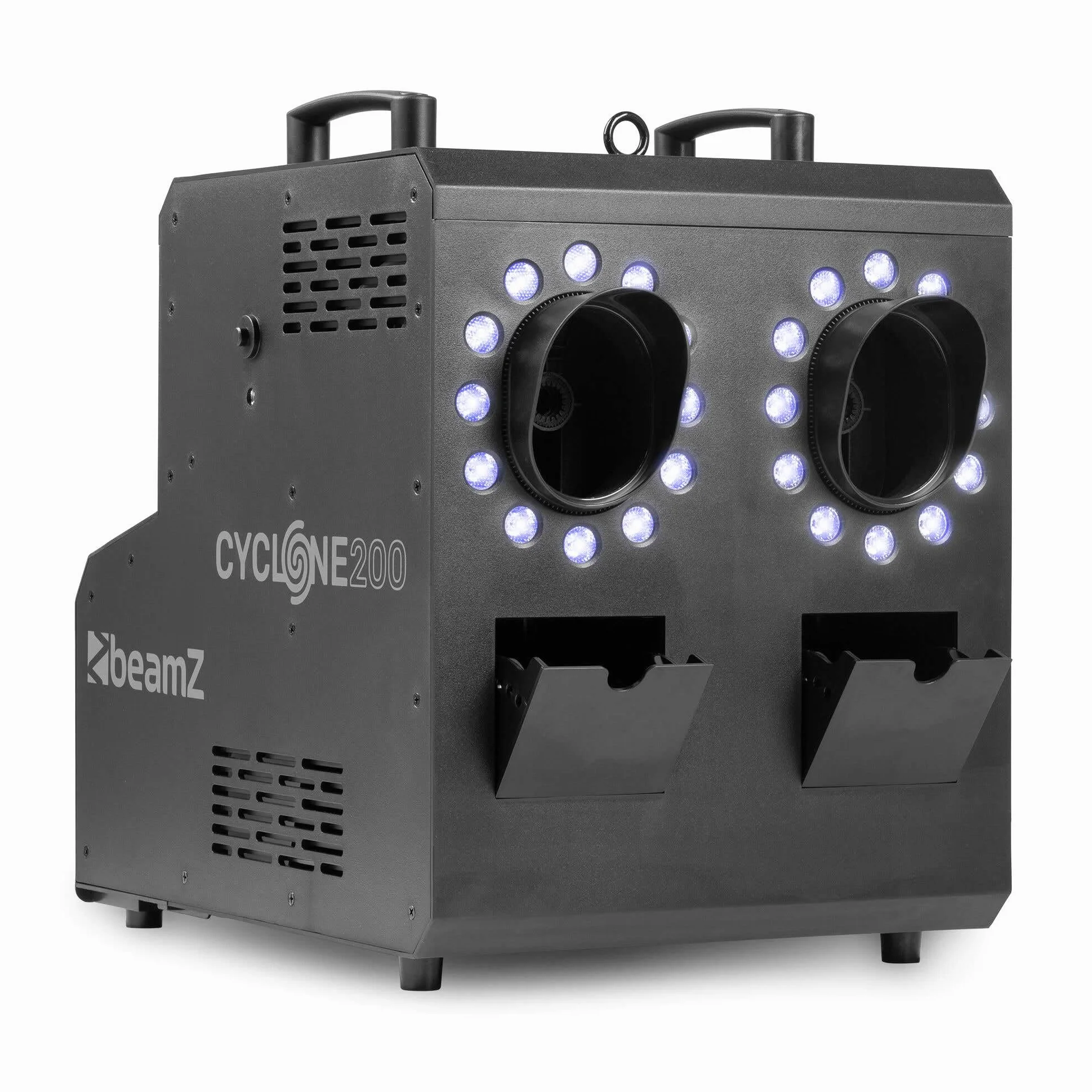 BeamZ Cyclone200 máquina de humo y burbujas con 24 LED RGBW, tanques dobles 1,2 L, caudal 250 m³/min, control DMX 11 canales, panel LCD, temporizador y mando a distancia