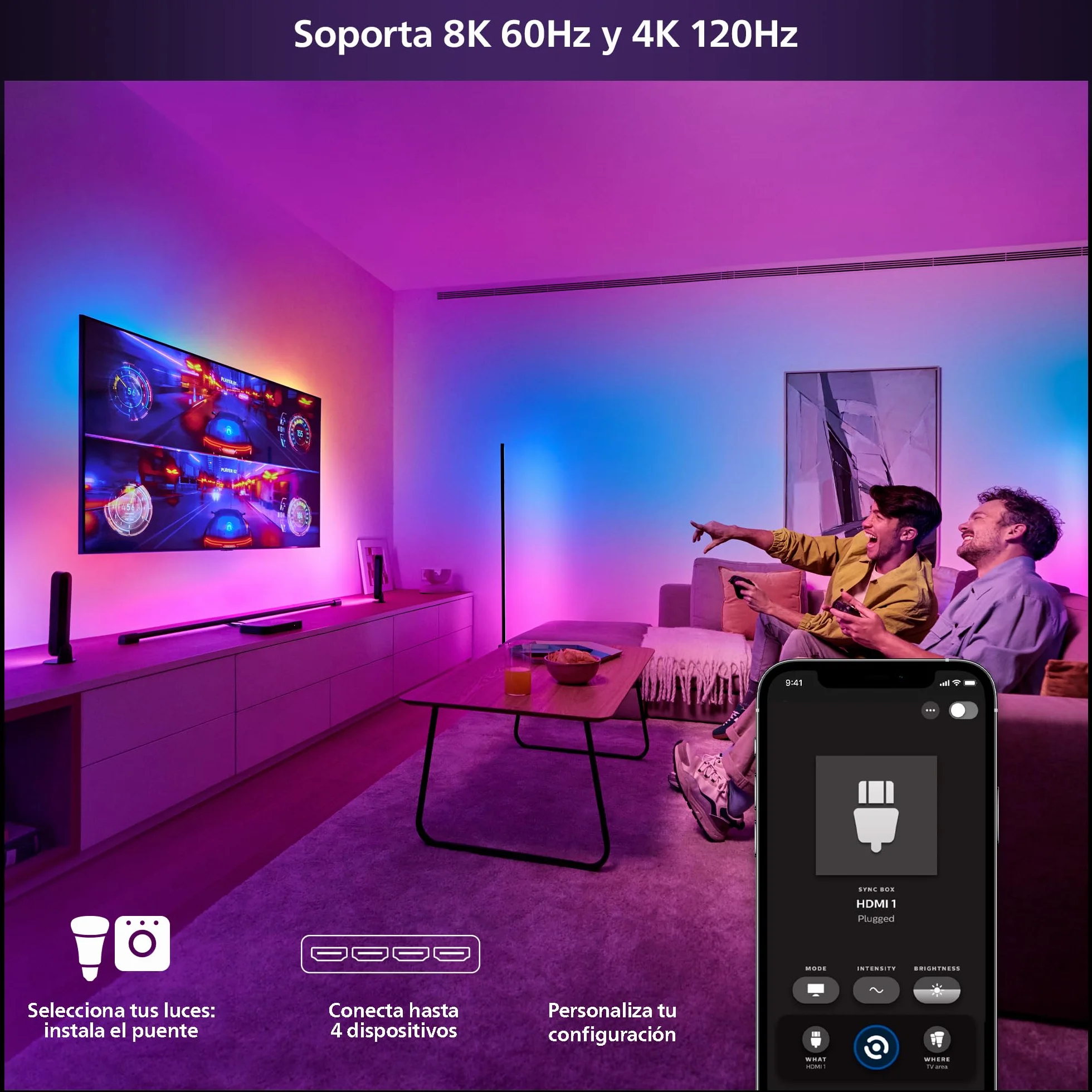 Philips Hue Play HDMI Sync Box 8K Sincronizador de Luz Ambiente con Videojuegos Películas Música Hasta 10 Luces LED Admite Dolby Vision HDR10+