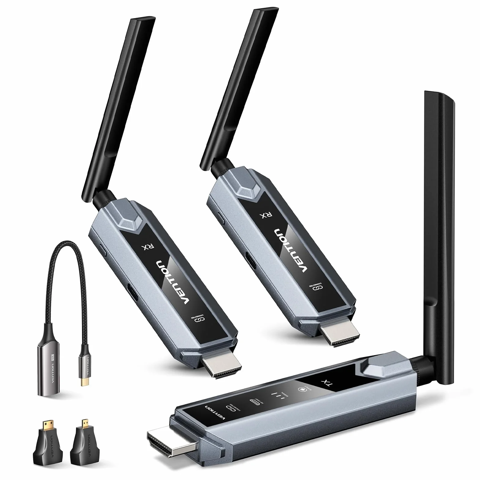VENTION Transmisor y Receptor HDMI Inalámbrico 656FT con Pantalla LED y Control térmico, hasta 6 RXs, Plug & Play extiende señal 4K Desde PC/proyector/TV Box(1TX+2RX)