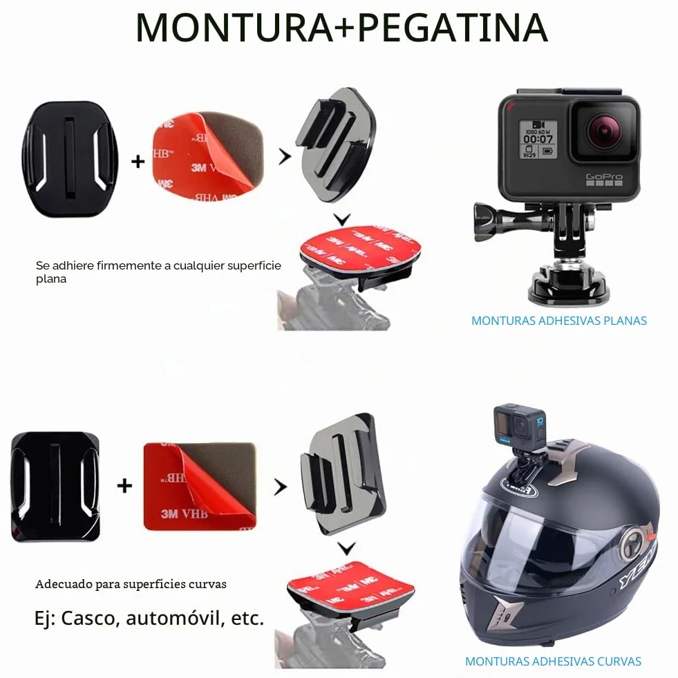 Soporte para cámara adhesiva, soporte adhesivo, soporte plano curvado casco, 16 accesorios para cámara de acción, con montaje GoPro, soportes adhesivos compatibles con GoPro y otras cámaras