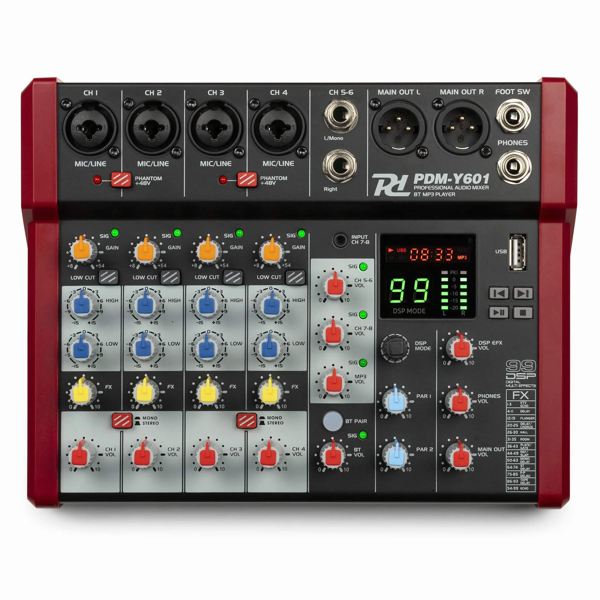 Power Dynamics PDM-Y601 Mezclador de audio 6 canales. Mesa de mezclas con Bluetooth, alimentación phantom de 48 V, USB-C. Mezclador de audio para estudio, 99 efectos DSP, 24 bits, 48 kHz, Jack, XLR