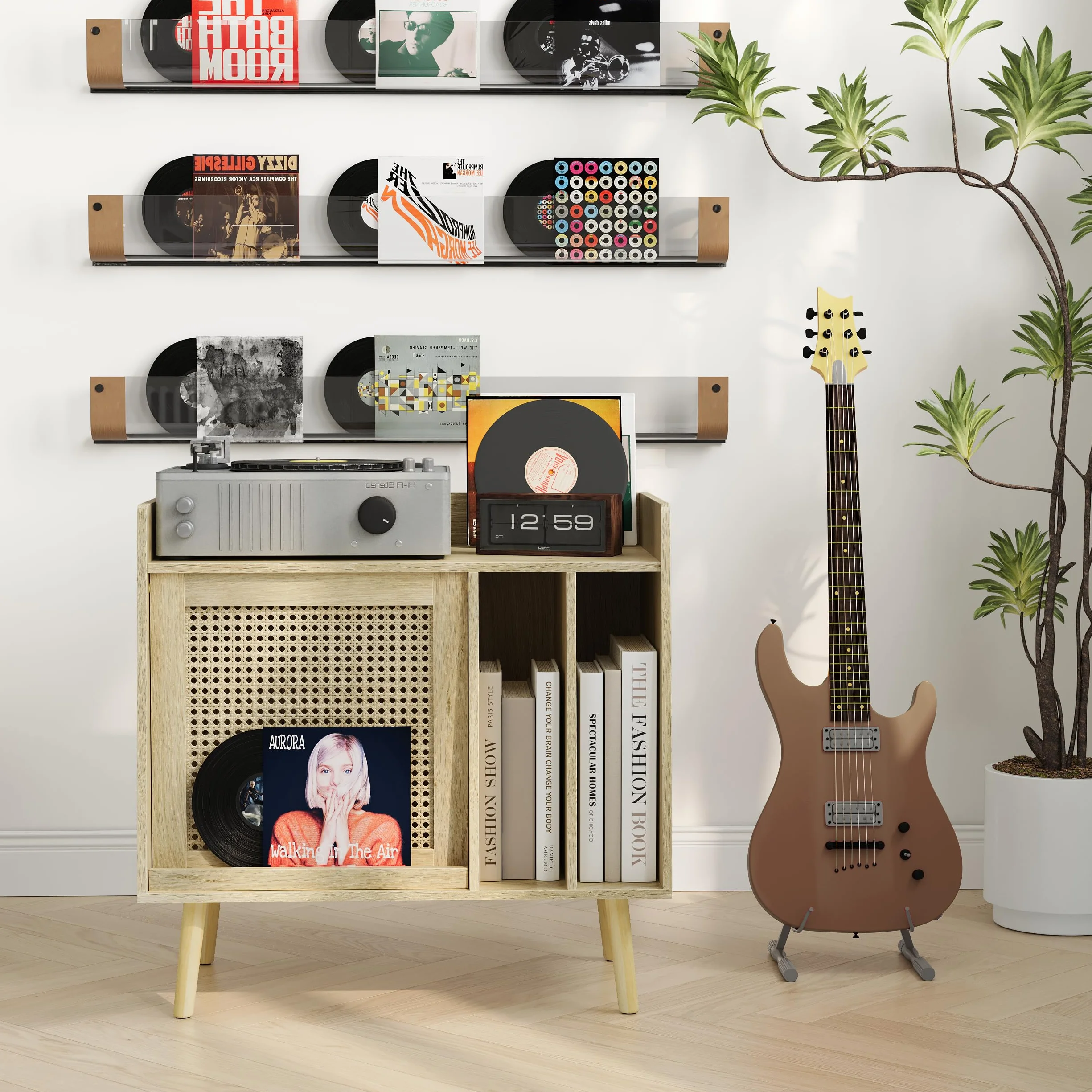 Semiocthome Soporte para tocadiscos con almacenamiento de vinilo, mesa de tocadiscos con puerta de armario de ratán, soporte para discos de vinilo con área de exhibición, mesa auxiliar con patas de