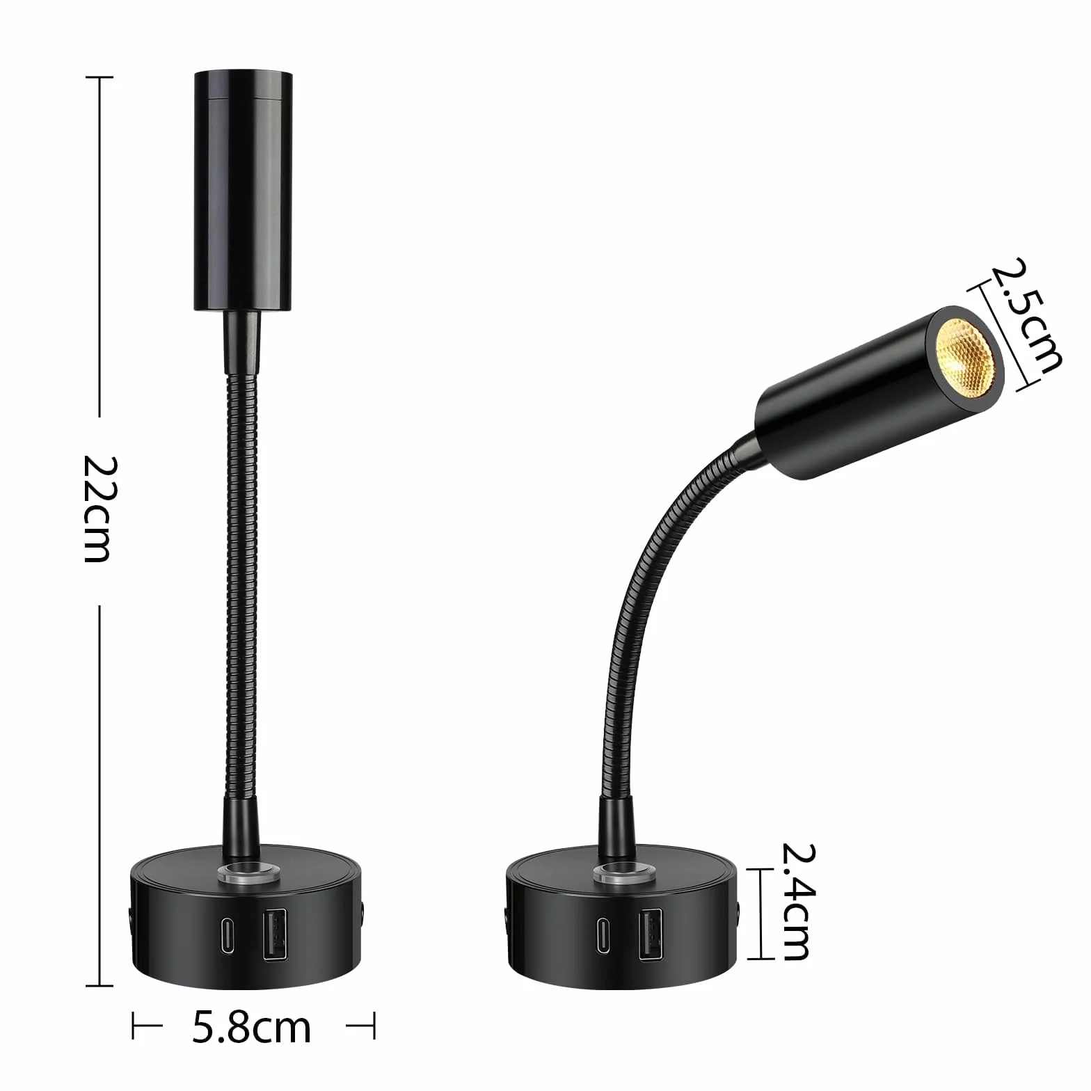 ERWEY 2pcs LED Lámpara de Lectura 12V Autocaravana, Táctil Regulable 3000K-6000K Brillo Ajustable, 360 ° Flexible Cuello de Cisne Luz de Cama Conectores USB A + C Barco Iluminación Interior, Negro
