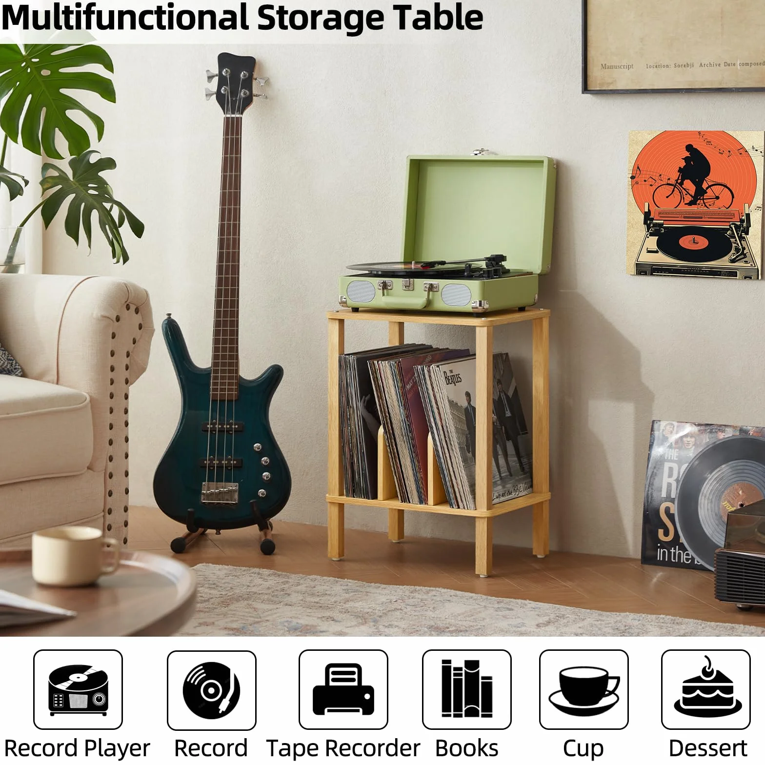 LELELINKY Soporte giradiscos de bambú de 2 Niveles con Estuche para Discos de Vinilo de hasta 100 álbumes, Mesa de Centro Multifuncional para el salón,Madera Natural