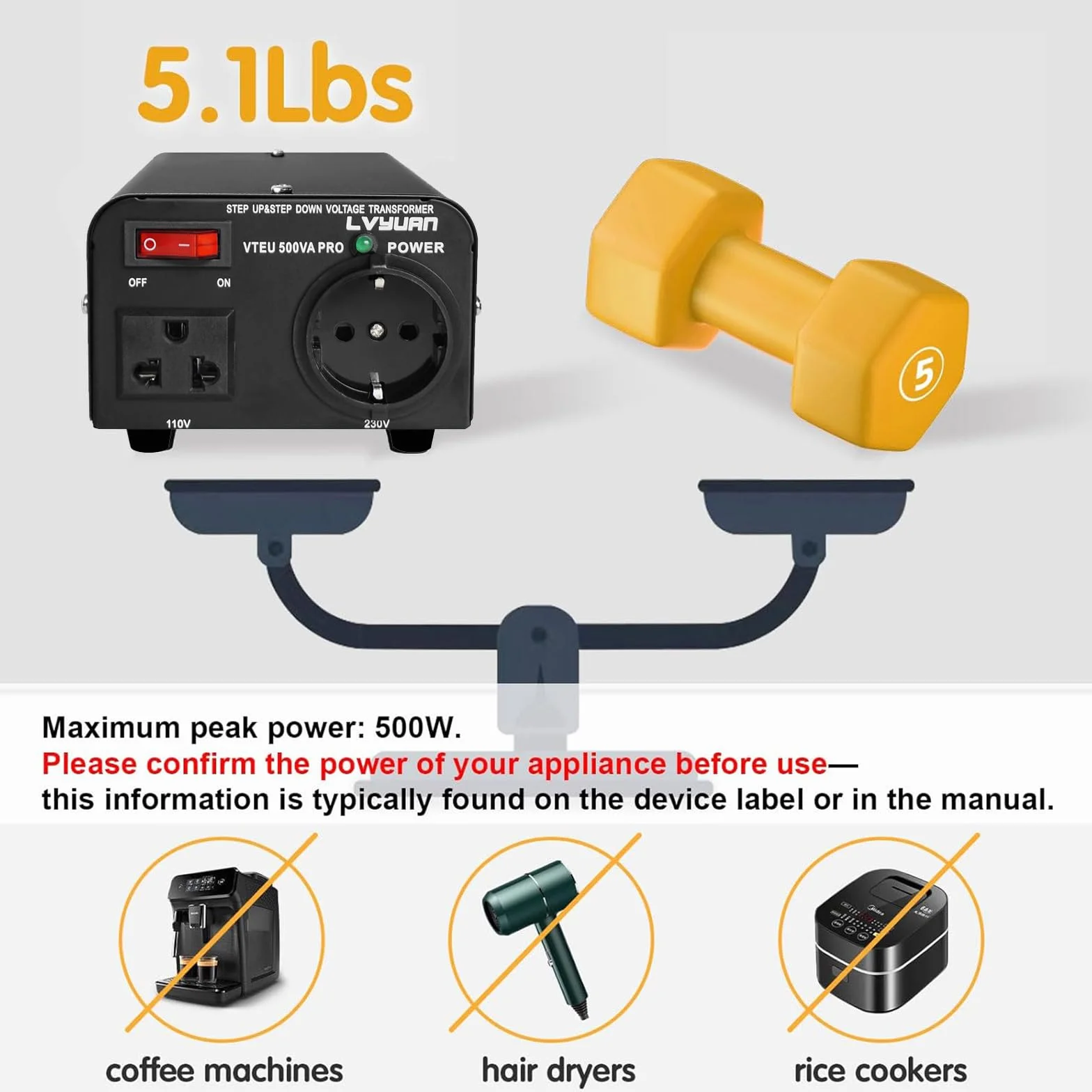 Cantonape 500VA Convertidor de Voltaje - Salida 110/220 Voltios CA - Transformador de Núcleo Toroidal EEUU de 500 Vatios