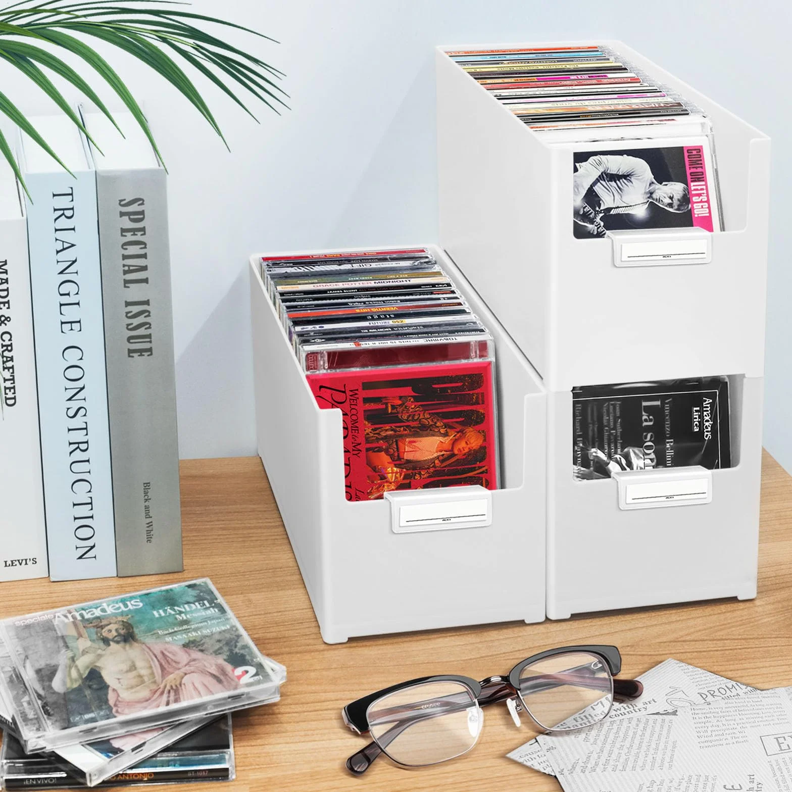 Caja de almacenamiento de CD apilable de plástico con capacidad para 25 CD, organizador de escritorio y estante