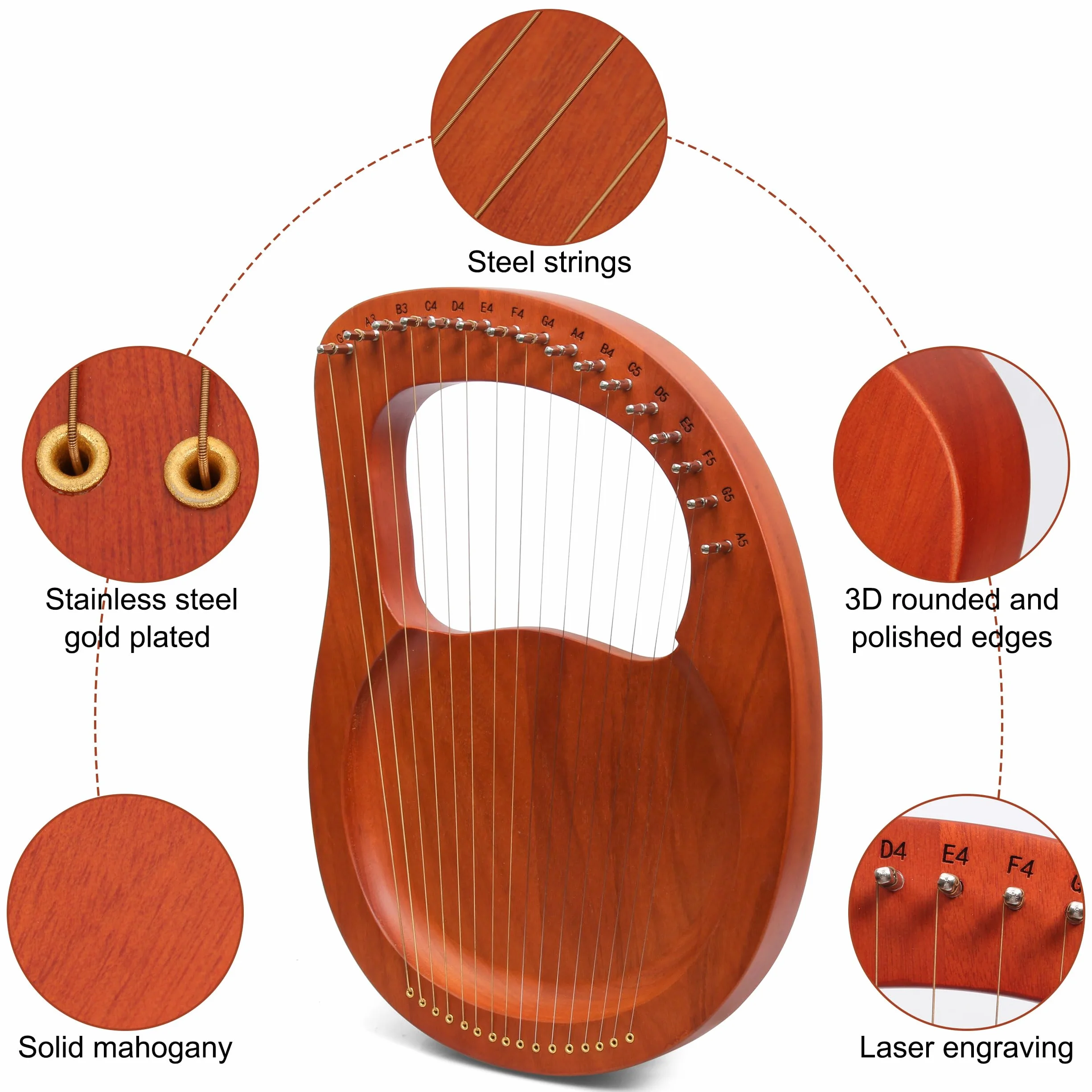 Arpa Lira de 16 Cuerdas Arpa de Madera Lyre Harp con llave de Afinación y Bolsa Negra instrumento lira, Marrón, Plancton