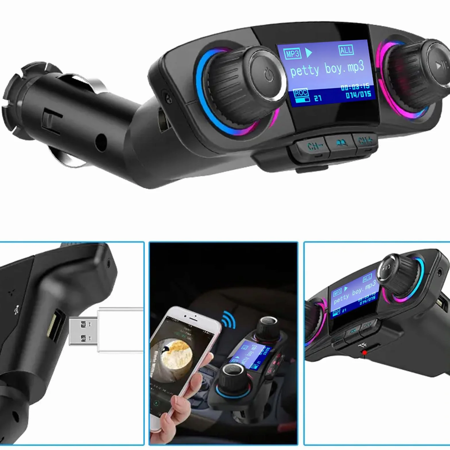 Retoo Transmisor FM Bluetooth 5.0 Coche Manos Libres Pantalla LCD Doble USB 3.4A Lector MicroSD 128GB Reproductor MP3 WAV WMA Reducción Ruido CVC