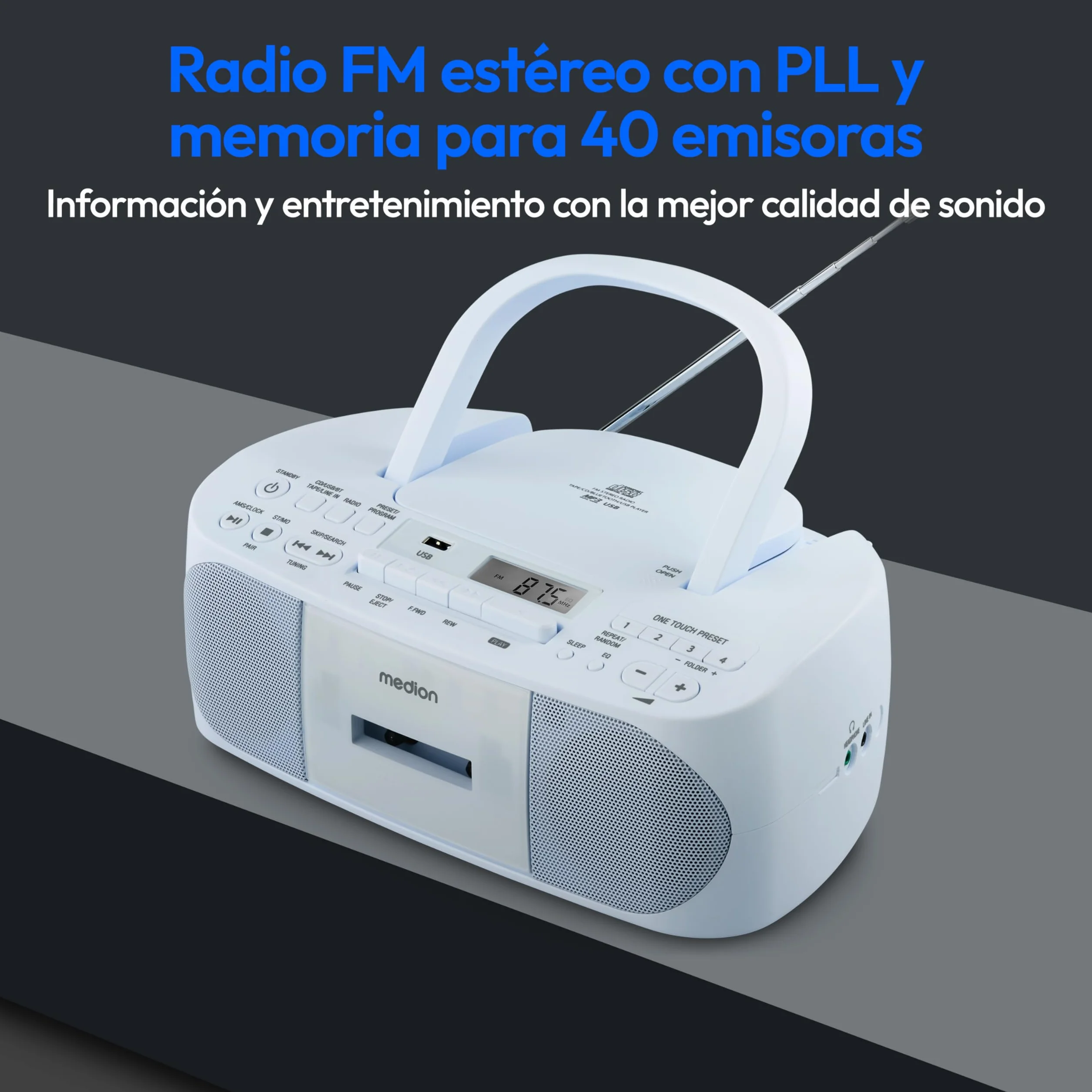 MEDION E65010 Radio estéreo (Reproductor de CD, Casete, conexión USB, Entrada de Audio AUX, reproducción MP3. Radio FM PLL, Memoria para 40 emisoras, Funcionamiento con Pilas, Mando a Distancia) Azul