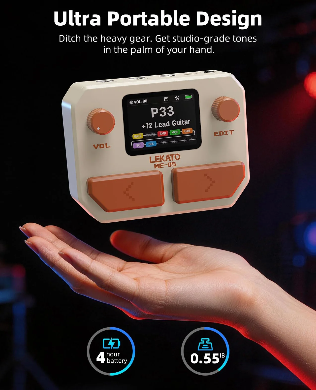 LEKATO Pedal Multiefectos para Guitarra Bajo Procesador de Múltiples Efectos 10 Módulos, 99 Presets, 30 Amp/Cab Procesador de Efectos, Interfaz de audio USB OTG y BT, pantalla LCD de 2", Blanco