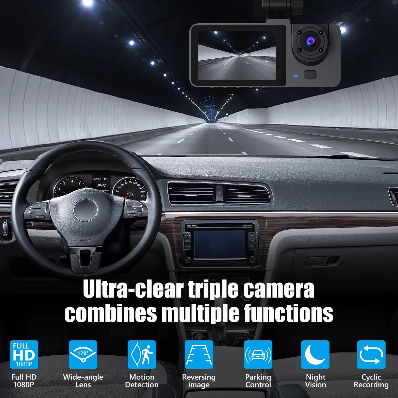 Cámara para Coche 1080P con Cámaras Frontal, Trasera e Interior, Tarjeta SD de 32 GB, Vigilancia de Aparcamiento, Visión Nocturna por Infrarrojos, Sensor G y Grabación en Bucle (Versión Estándar)