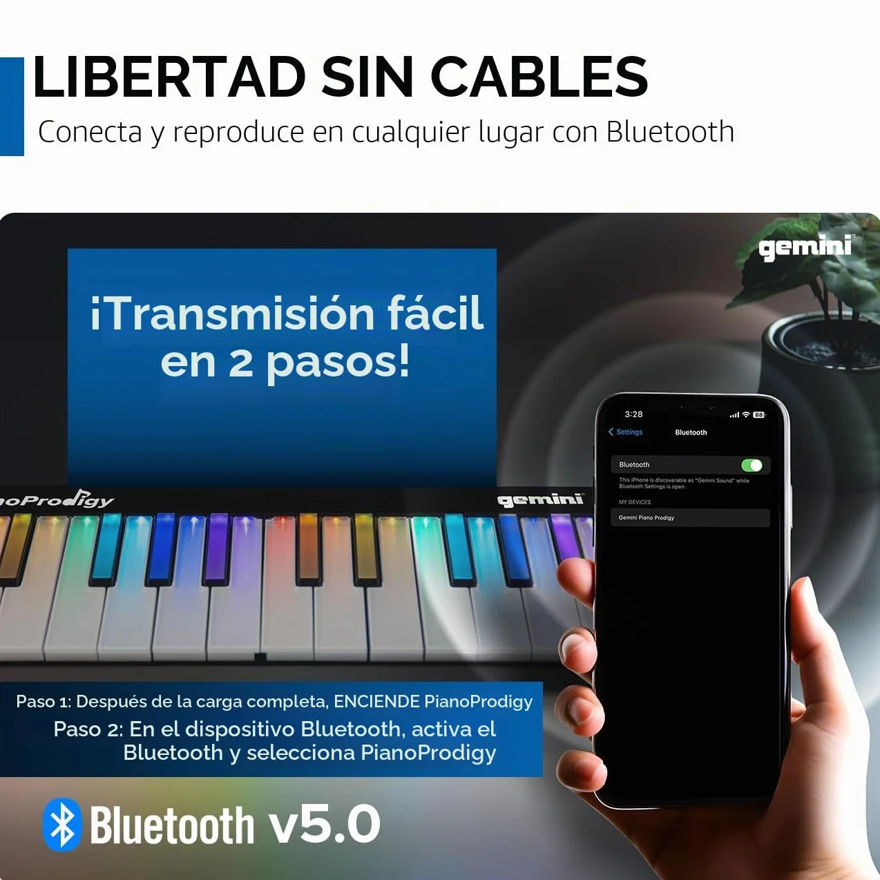 Gemini Sound PianoProdigy Teclado MIDI inalámbrico iluminado de 24 teclas GPP-101, Debe conectarse a un dispositivo iOS/Android para obtener sonido, Ampliable, Bluetooth, portátil