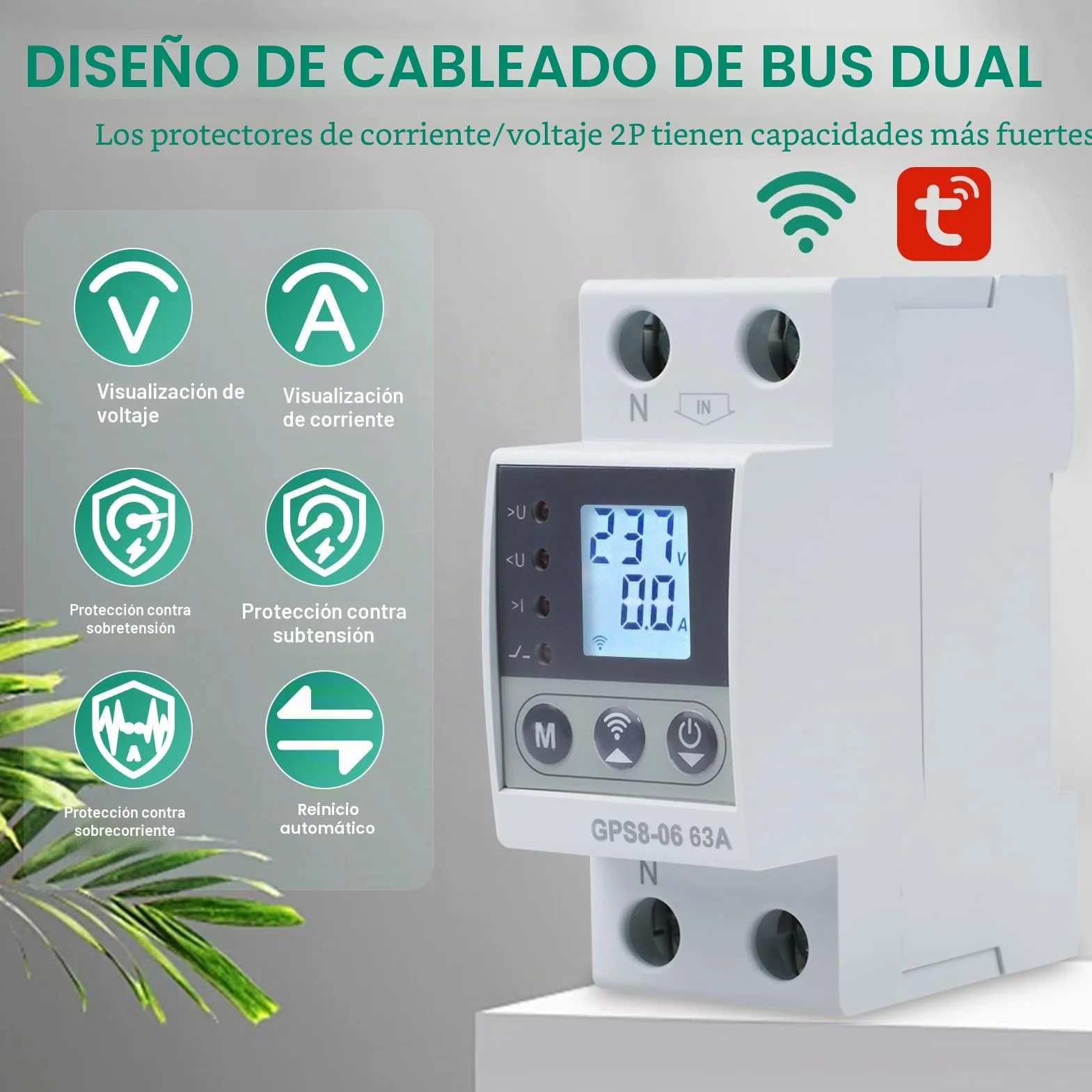 63A Protector sobretensiones WiFi Interruptor contador electrico 2P 220V AC con funcion de autorreajuste de sobretension/subtension y sobrecorriente ajustable.
