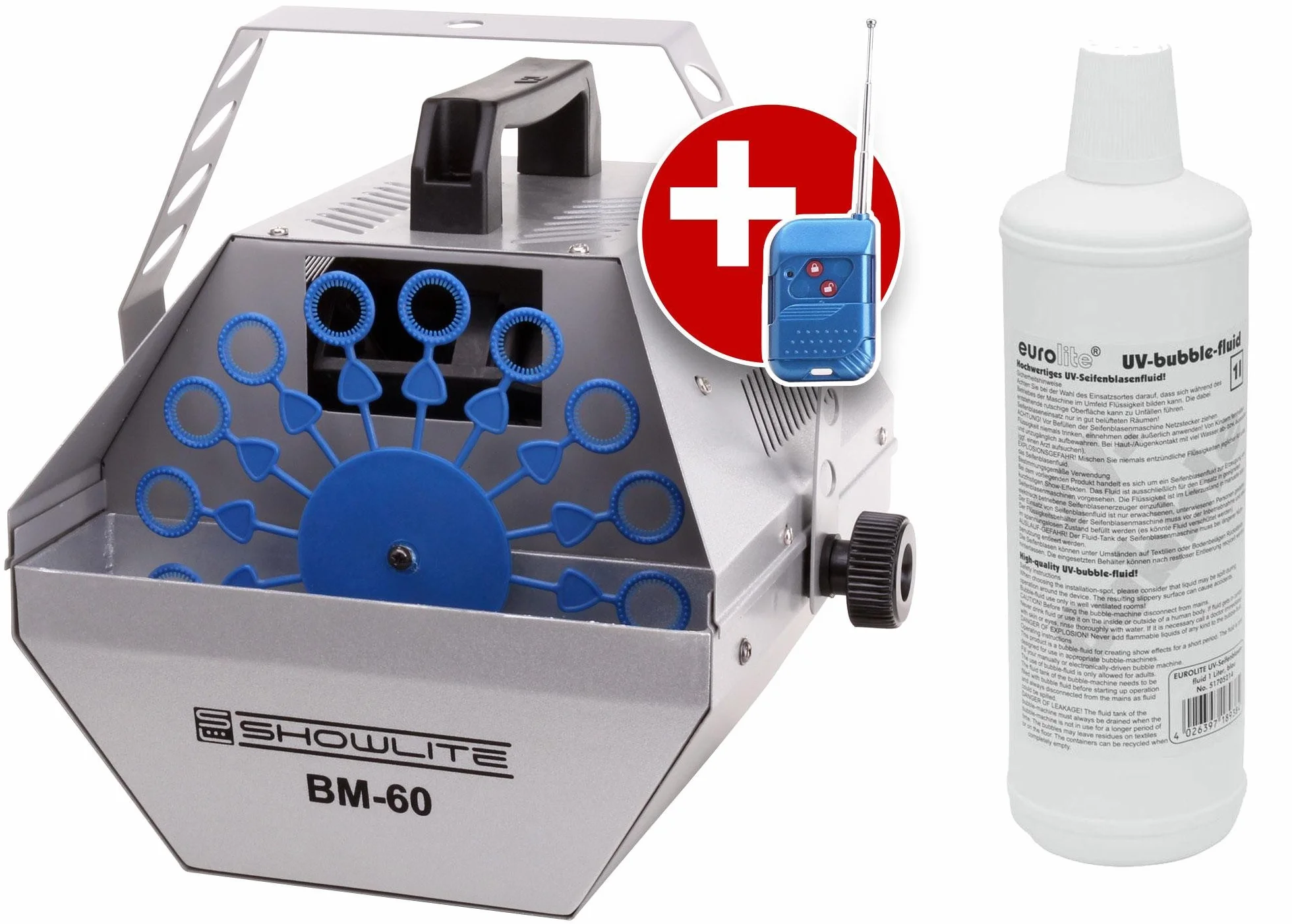 Showlite BM-60 Máquina de Burbujas 60W con mando a distancia por radio y 1L Eurolite Fluido UV azul (tanque de 0,6l, 2-3 horas de duración con tanque lleno, efecto fiesta, Disco Bubbles)