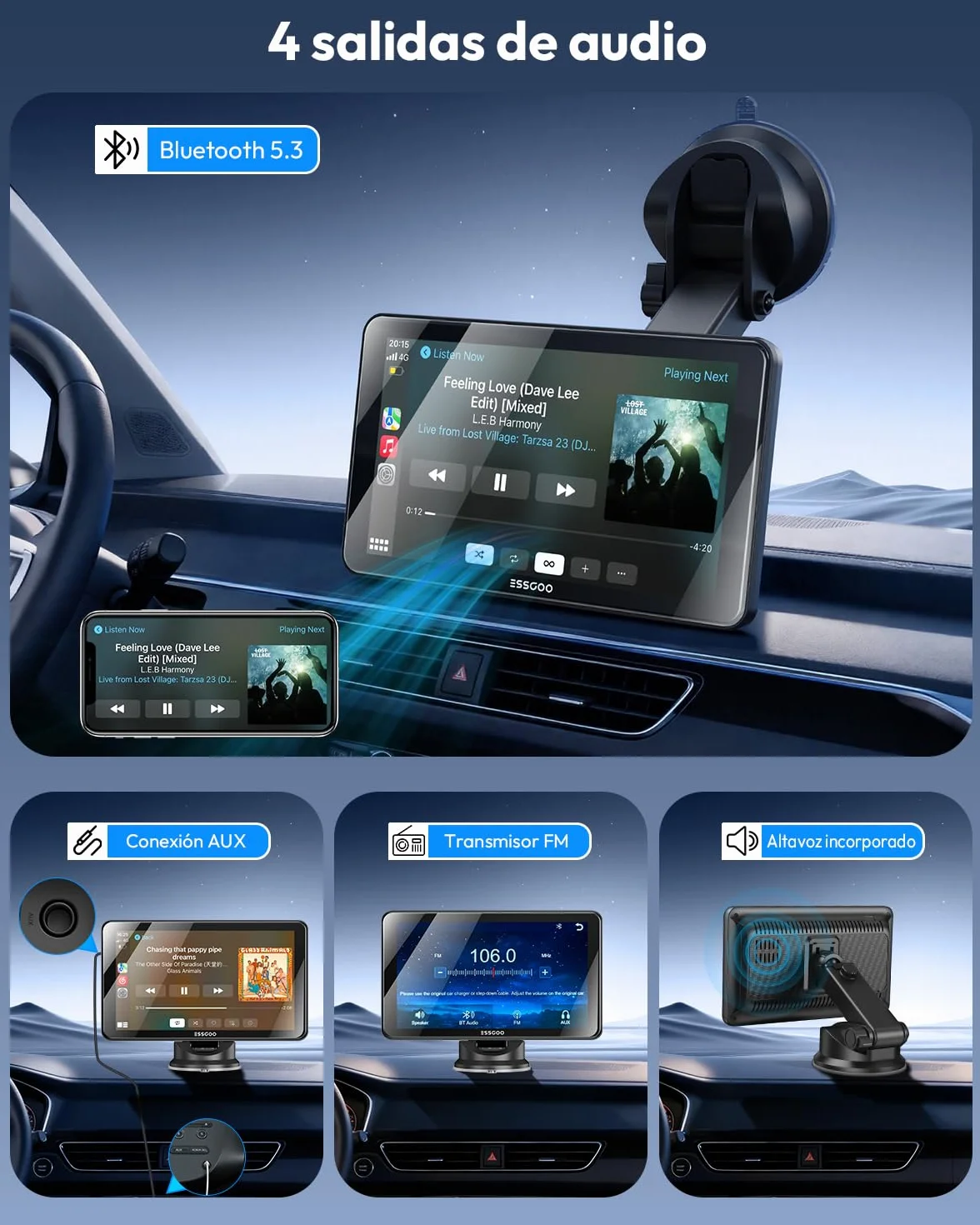 ESSGOO Pantalla Carplay Coche con Cámara Retrovisora,7 Pulgadas Apple Car Play Android Auto Inalámbrico,Pantalla Táctil Portátil Radio Coche con Bluetooth,Airplay,Mirror Link,FM,AUX,Siri,Navegación