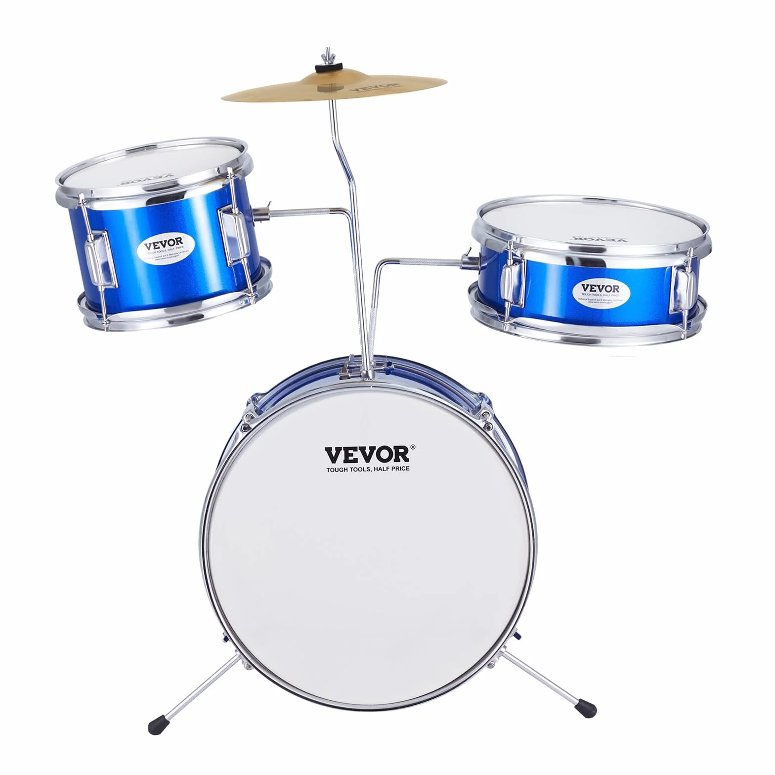 VEVOR Juego de Batería para Niños, 3 piezas, Juego de Batería para Principiante con Pedal de Platillo de Trono Ajustable dos Pares de Baquetas, Tom, Caja, Bombo, Kit de Batería de Iniciación, Azul