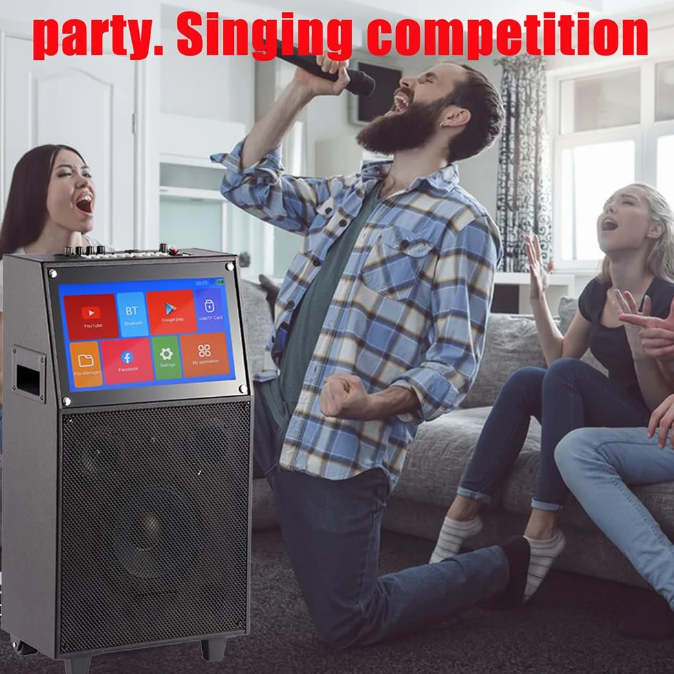 Máquina de karaoke con pantalla táctil para mostrar letras, pantalla de proyección, altavoz Bluetooth, micrófono, set con WiFi incorporado, adecuado para reuniones, fiestas, canto, concursos