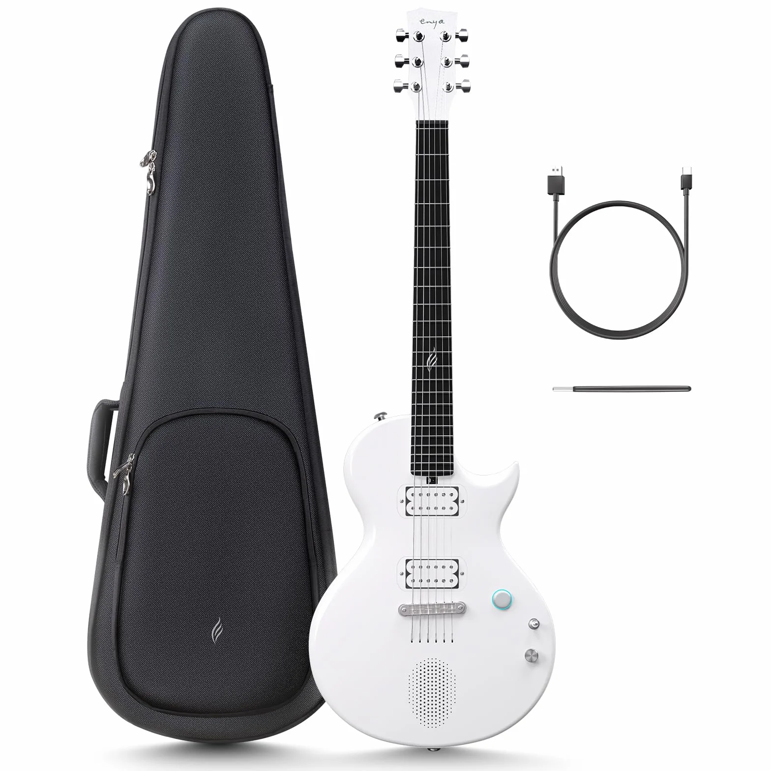 Guitarra Eléctrica Enya Nova-Go Sonic - Guitarra Inteligente de Fibra de Carbono Blanca con Altavoz Inalámbrico de 10 W, Preajustes Integrados, Cable de Carga, Llave de Ajuste y Bolsa de Transporte