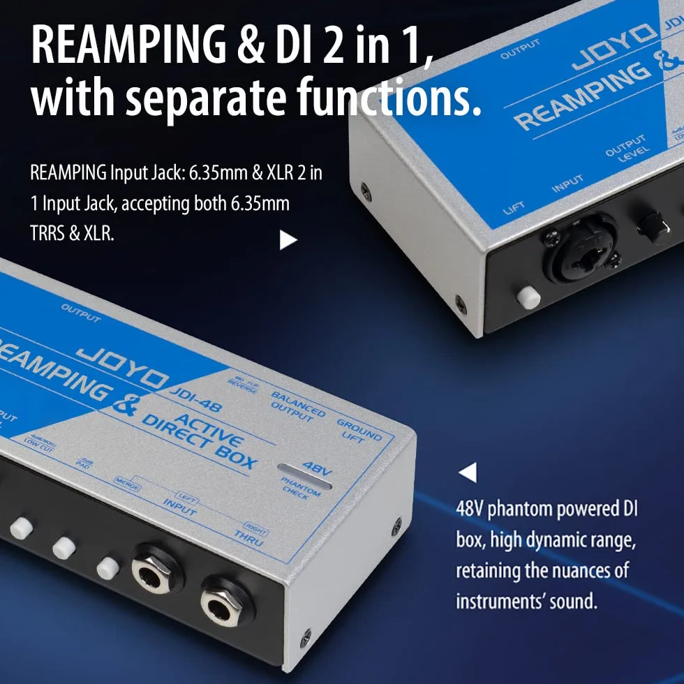 JOYO Reamp passive & Direct Box Phantom Powered Active All-in-one, dispositivo de grabación portátil DI BOX con entrada XLR de 6,35 mm y 2 en 1 para rendimiento de bajo de guitarra o grabación