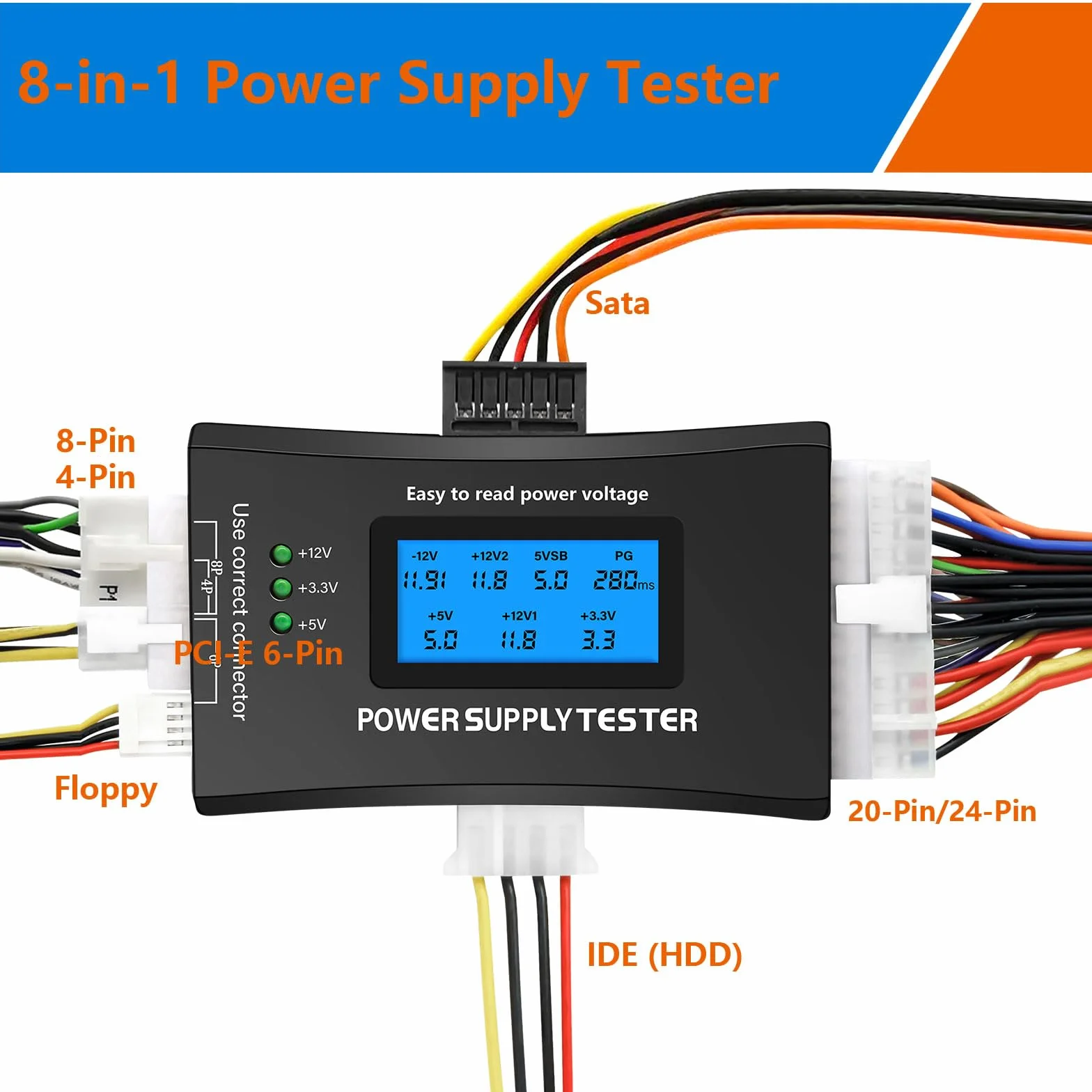 Probador de Fuente de Alimentación para PC, QIQIAZI Tester ATX con Pantalla LCD de 1,8", Compatible con ATX/ITX/IDE/HDD/SATA/BYI, Probador Digital con Alarma de Error y Luz LED