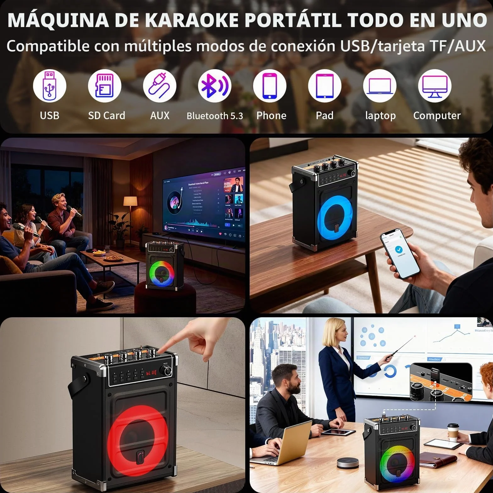 JYX Máquina de karaoke con dos micrófonos inalámbricos, ajuste de bajos/agudos y luz LED, soporte TWS, entrada AUX, radio FM, REC, suministro para fiesta/reunión/boda - negro