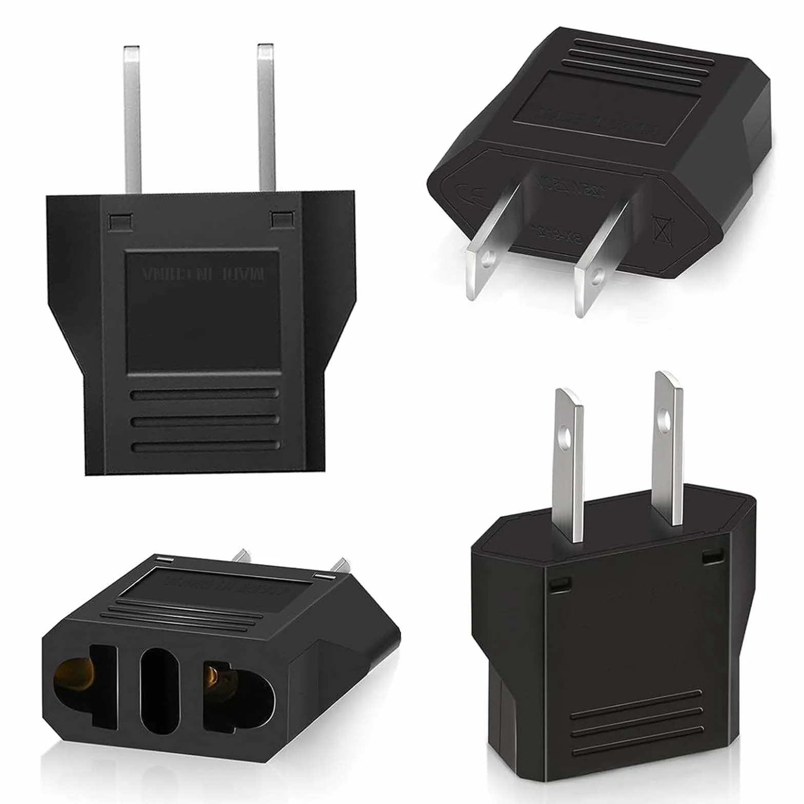 Adaptador Enchufe Europeo a Americano Tipo C/E/F/L/N a Tipo A 4 Piezas Negro para Viajeros USA Japón México Canadá
