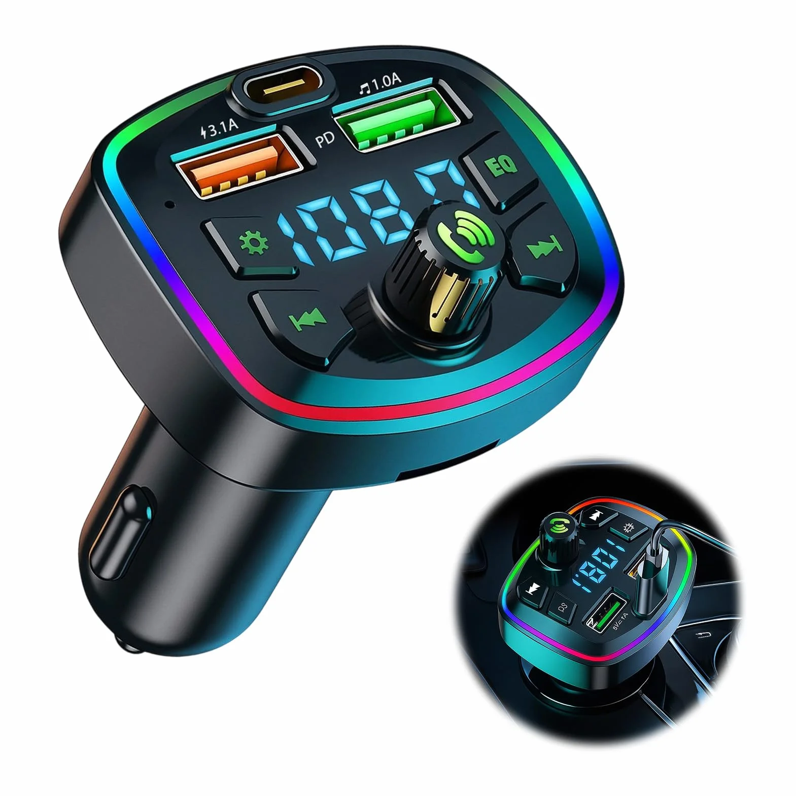 Transmisor FM Bluetooth Coche Adaptador Manos Libres 3.1A 18W PD