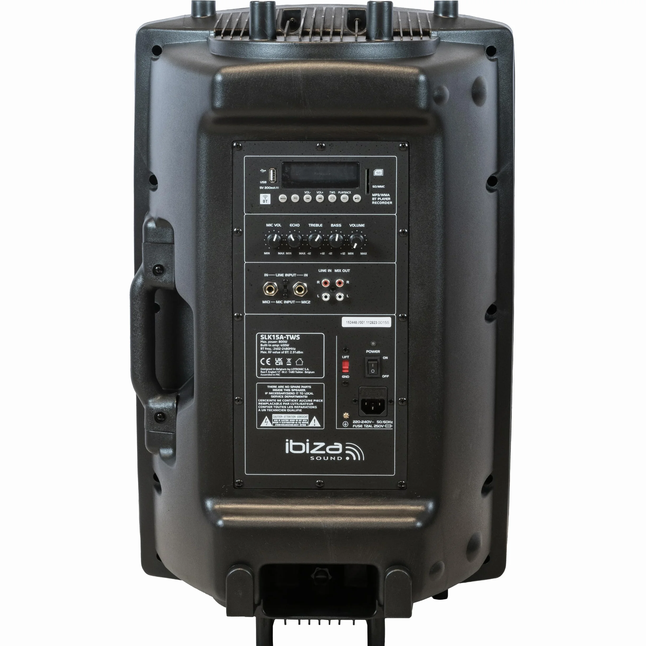 Ibiza - SLK15A-TWS- Altavoz Activo Plug & Play de 38 cm/15», 800 W con Amplificador Integrado - Bluetooth, USB, SD y AUX - Función TWS - Negro