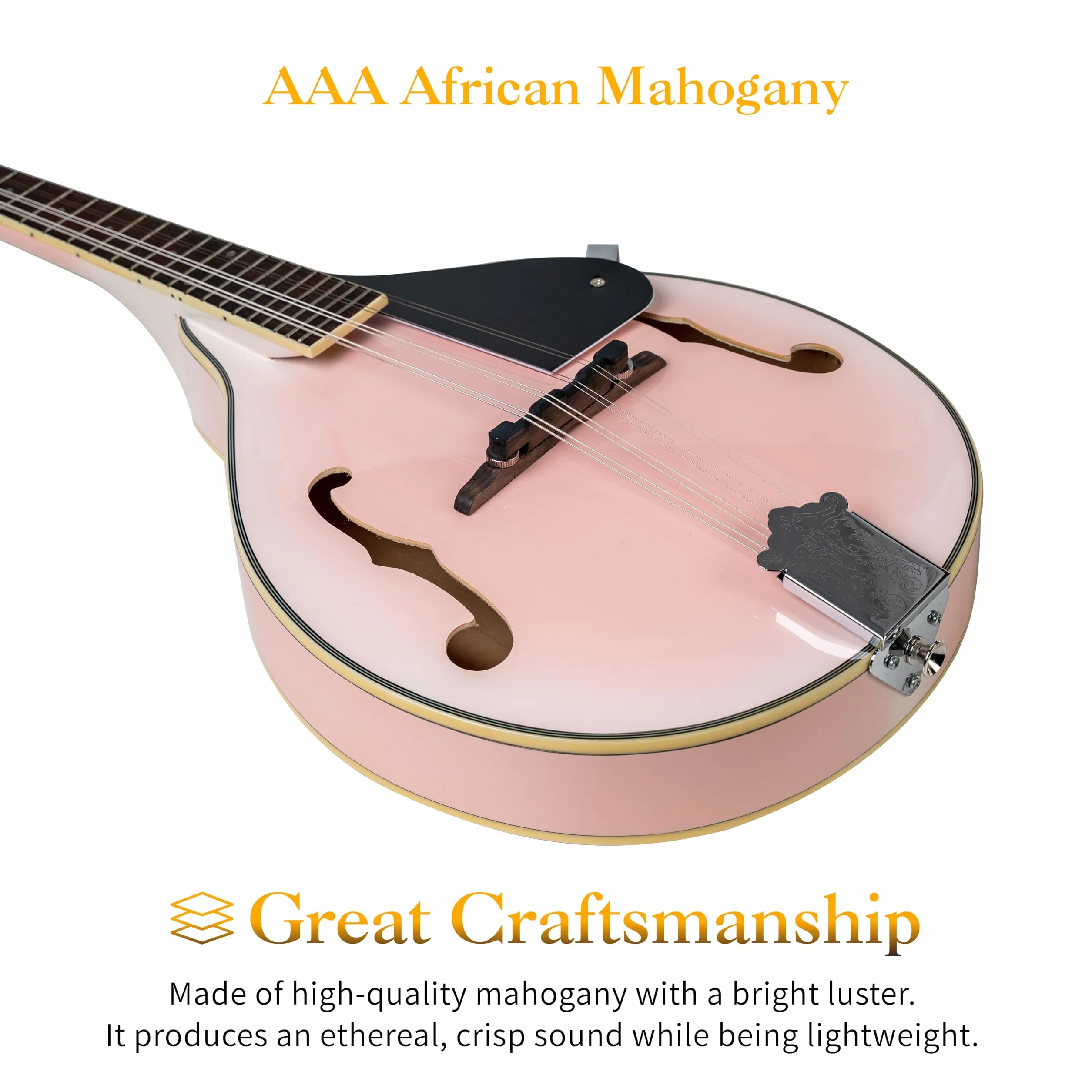 Mulucky A Style - Instrumento de mandolina acústica de 8 cuerdas con kit para principiantes para adultos y niños, funda, afinador, cuerda, púas, color rosa