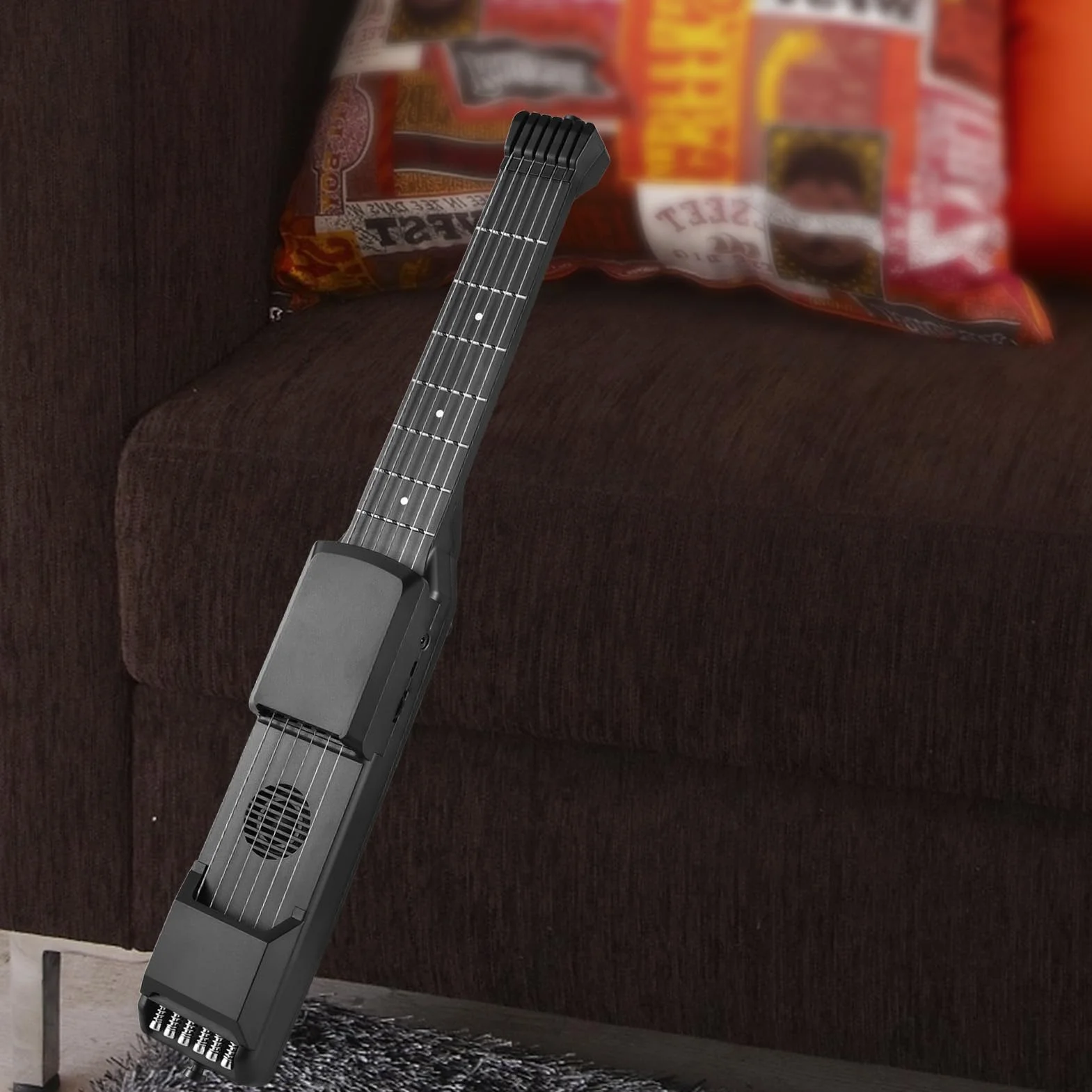 Guitarra eléctrica inteligente 7 trastes guitarra de viaje portátil con sintonizador digital METRONOME MIDI Función Capo digital para principiantes Viajes negros 20.8 pulgadas