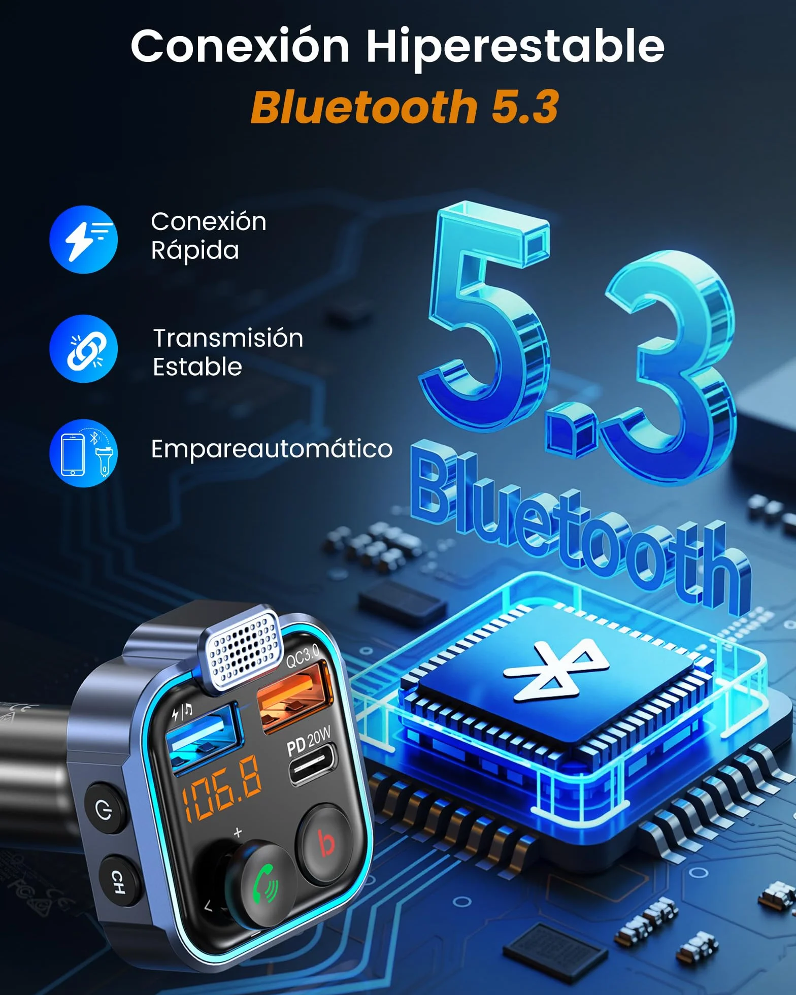 LENCENT Transmisor FM Bluetooth 5.3 Manos Libres Adaptador Radio Coche Carga Rápida 20W USB Tipo C