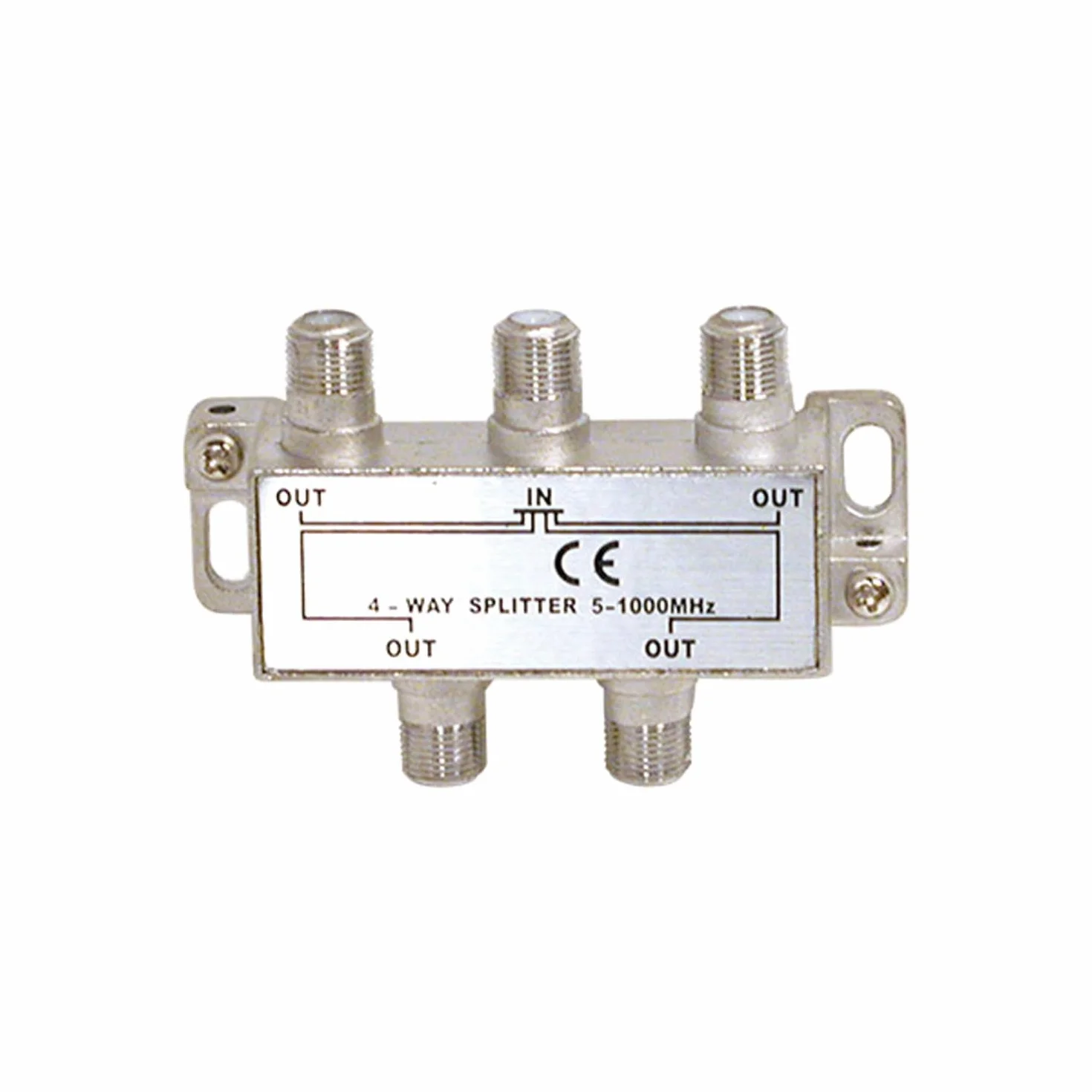 Divisor de 4 vías, frecuencia 5-1000MHz, ideal para distribuir señales de TV y datos en instalaciones de telecomunicaciones.