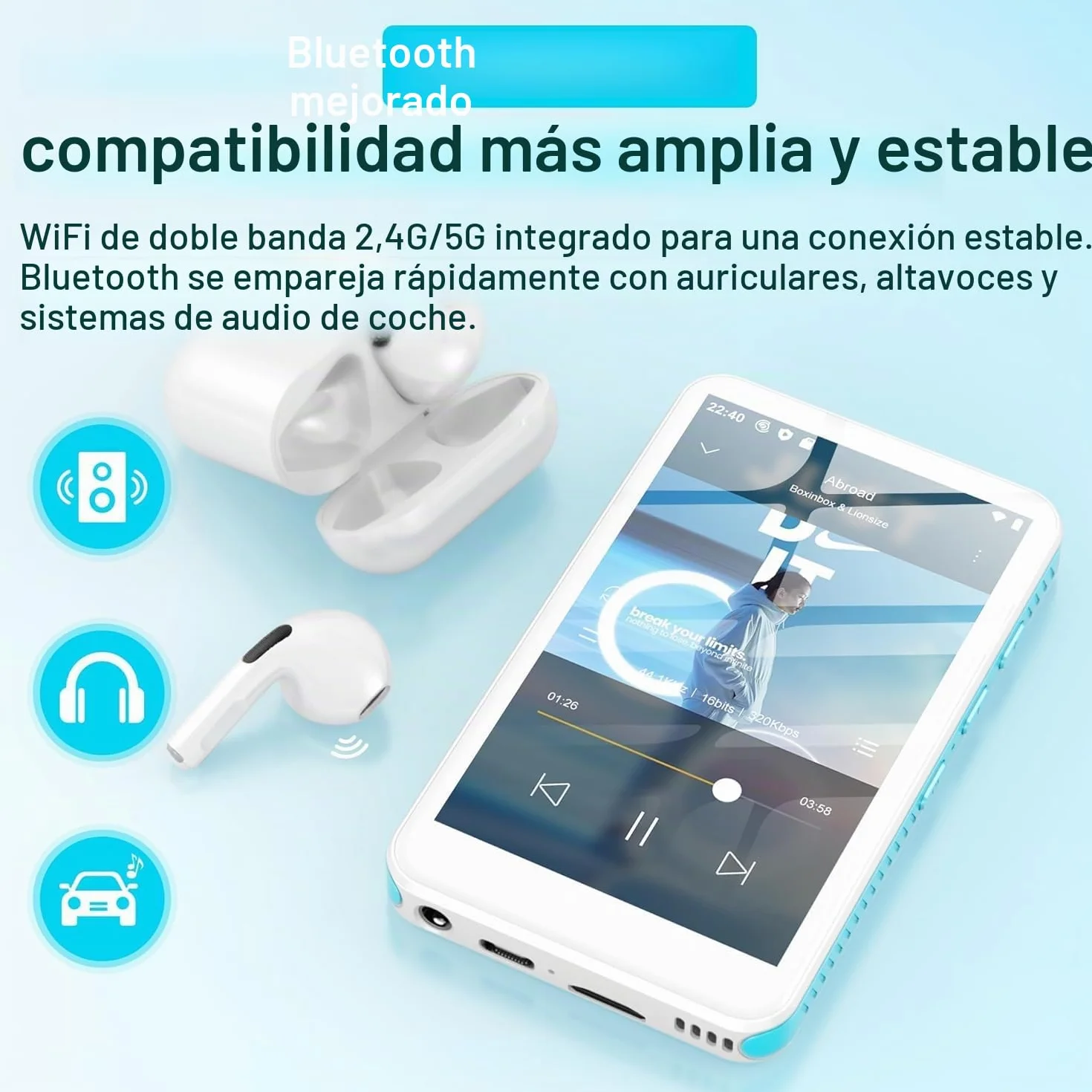 SWOFY D08 Reproductor MP3 Android 13 160GB Bluetooth WiFi 4 pulgadas Pantalla táctil