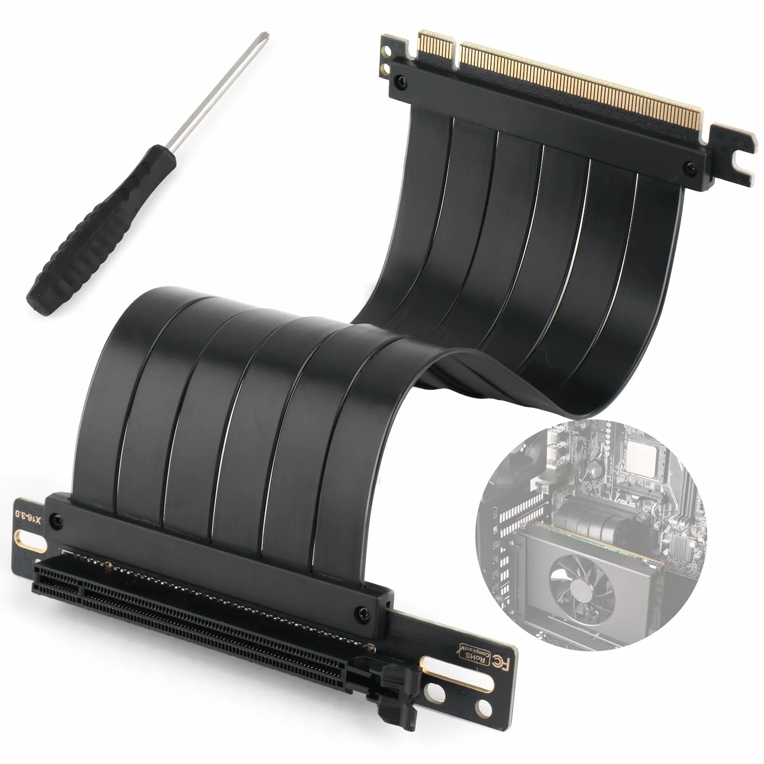 RongZy PCI-E 3.0 16X Riser Cable para Graphics,Tarjeta de Sonido/Grabación/Red/Expansión PCI-E 3.0 16X Cable de Extensión Doble ángulo Recto Cable Length 20cm