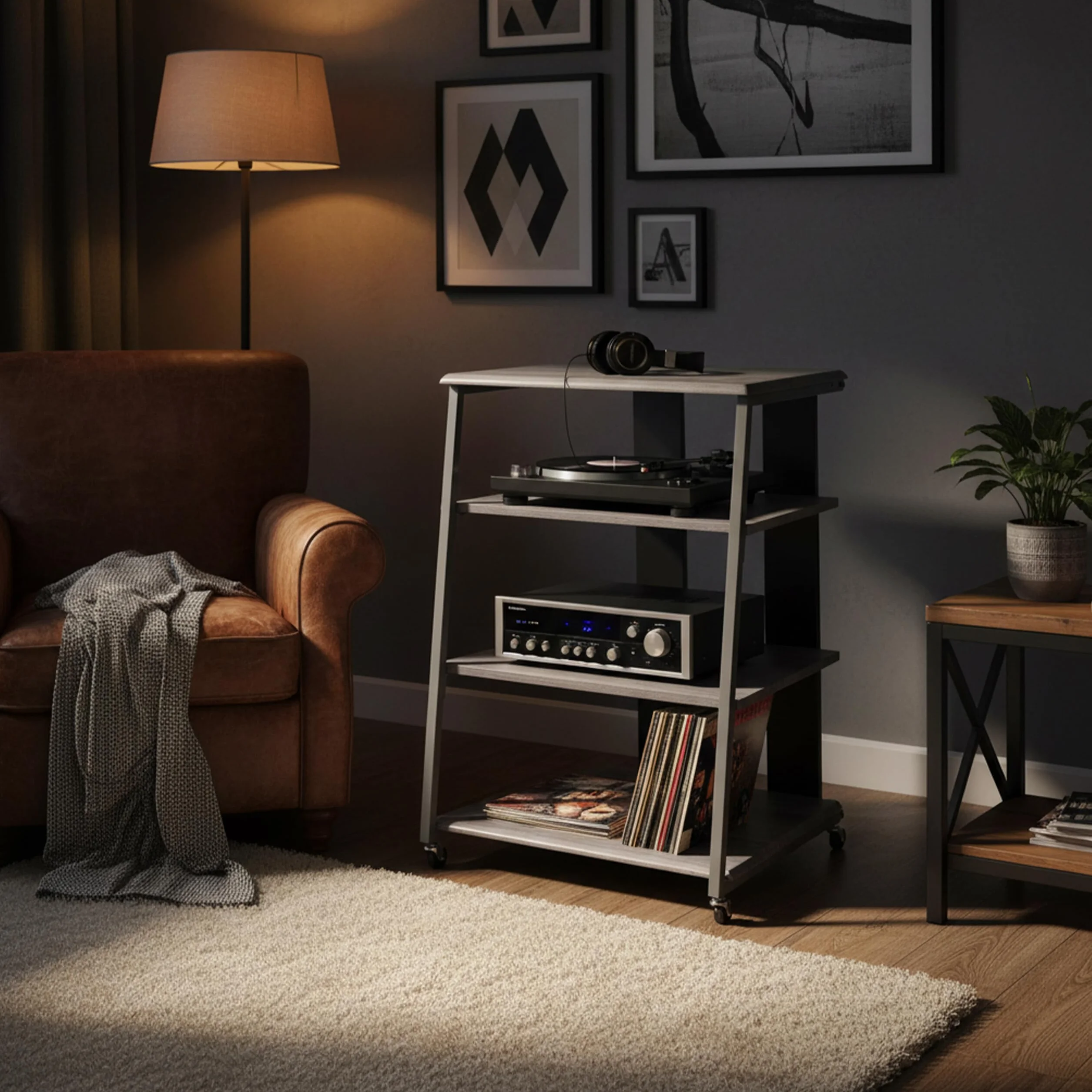Relaxdays estantería para HiFi, 4 Niveles, Hierro y MDF, 78x61x52 cm, Gris
