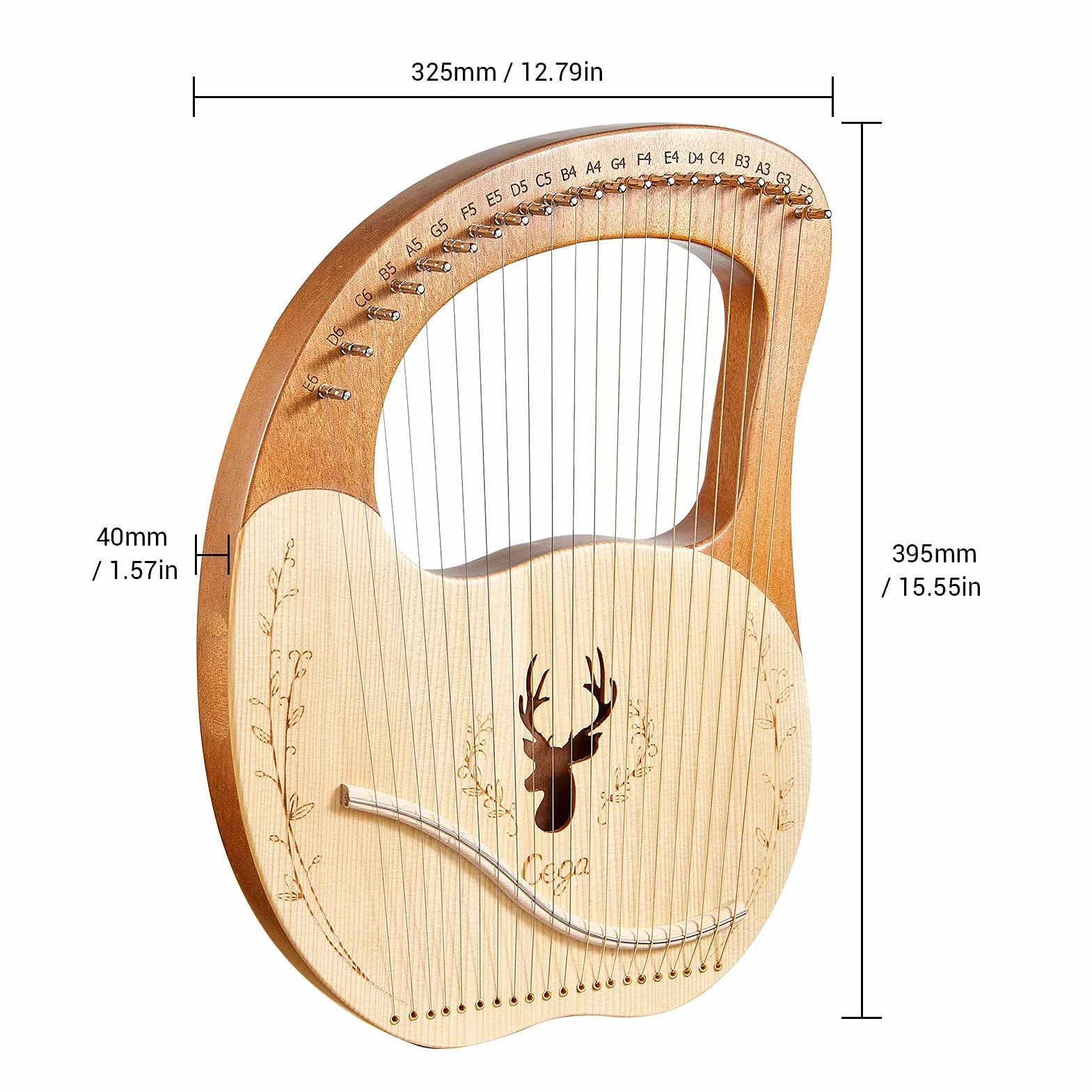 HUIOP lira,Cega 21 cuerdas de metal Lyre Harp Box Lyre Harp Spruce Topboard Tablero de caoba Instrumento de cuerda con llave de afinación Cuerdas Picks Music Note Sticker,arpa lira con llave de afinac