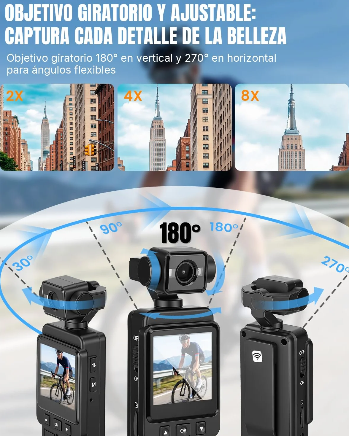 Cámara Deportiva 4K, Mini Body CAM con Camara Corporal Lente Giratoria de 270°， POV Videocámara por Vlog para Deportes, Viajes y Vlogging