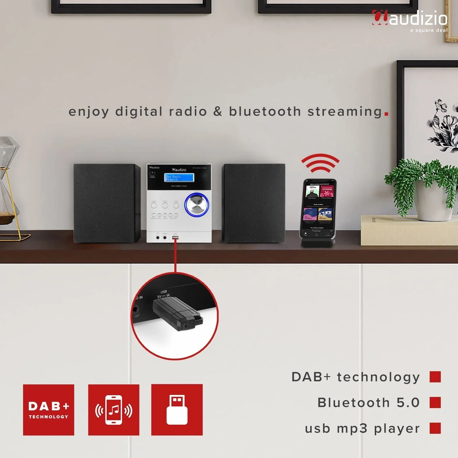 Audizio Metz Equipo de música HiFi con Altavoces, Minicadena con Radio Dab+, Bluetooth, Reproductor de CD, Entrada USB, Entrada Auxiliar, Incluye Mando a Distancia, Mini Cadena Color Aluminio