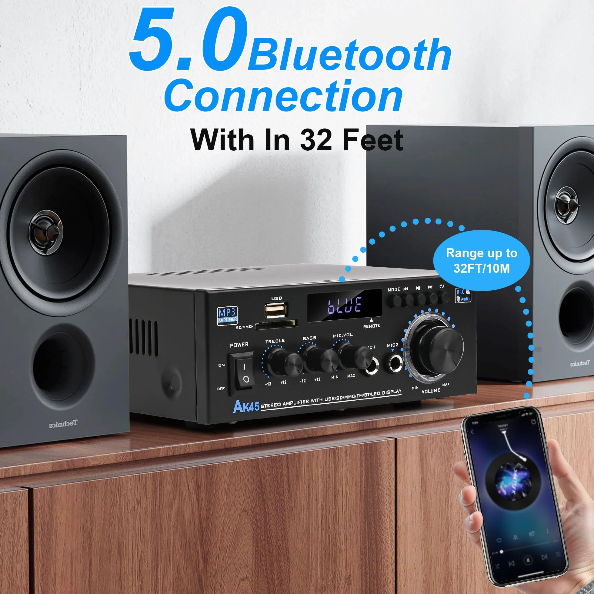 Romicta Amplificador Audio HiFi Estéreo 600W 2 Canales, Bluetooth 5.0, 12V/220V, Pantalla LCD, Alta Fidelidad, Radio FM Portátil, Entrada SD/USB, para Hogar o Coche