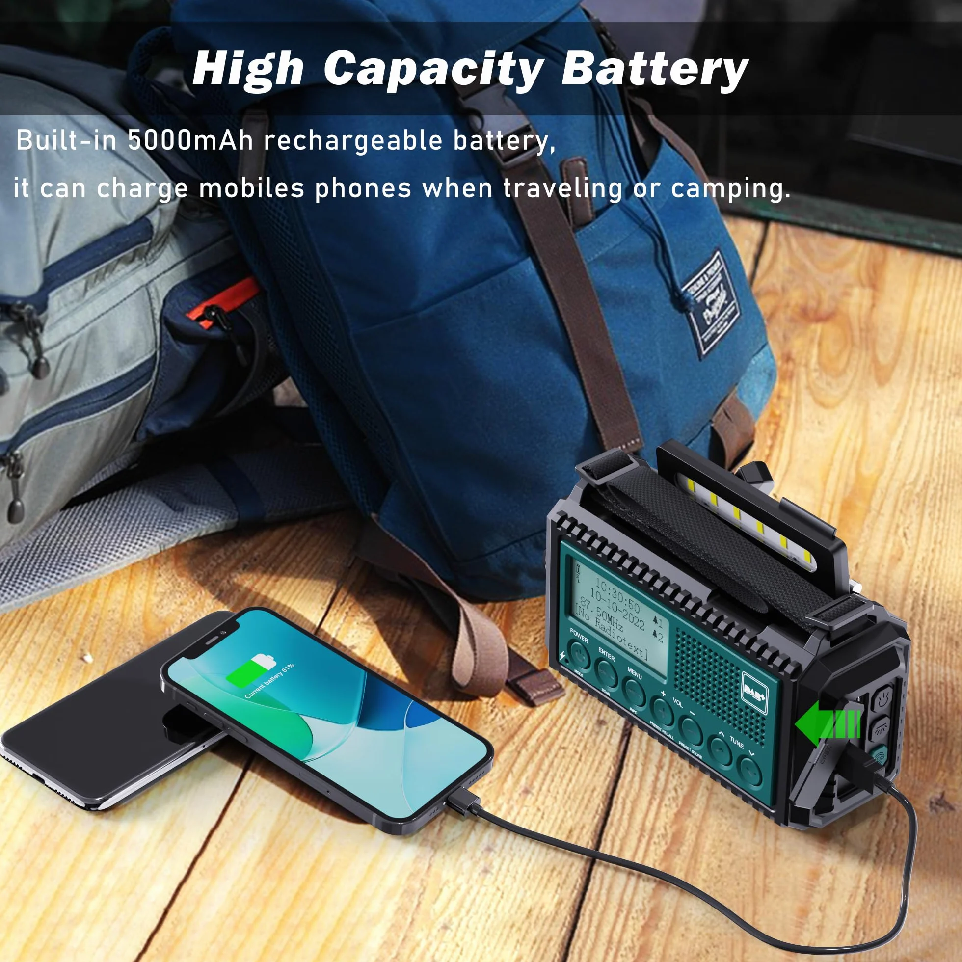 Radio de Manivela Dab+/Dab/FM con Batería Recargable 5000 mAh, Linterna y Carga USB, Alarma SOS