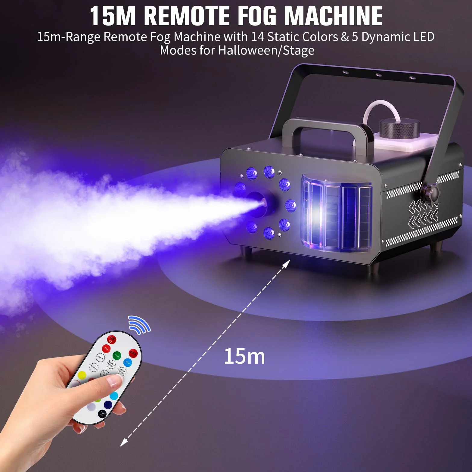 1200W Máquina de Humo con Control Remoto, Haz 9 LED RGB Luces de Fiesta 14 Colores Estáticos Capacidad de 1L Fog Machine Portátil Estroboscópico para Halloween Bodas Navidad Escénicos