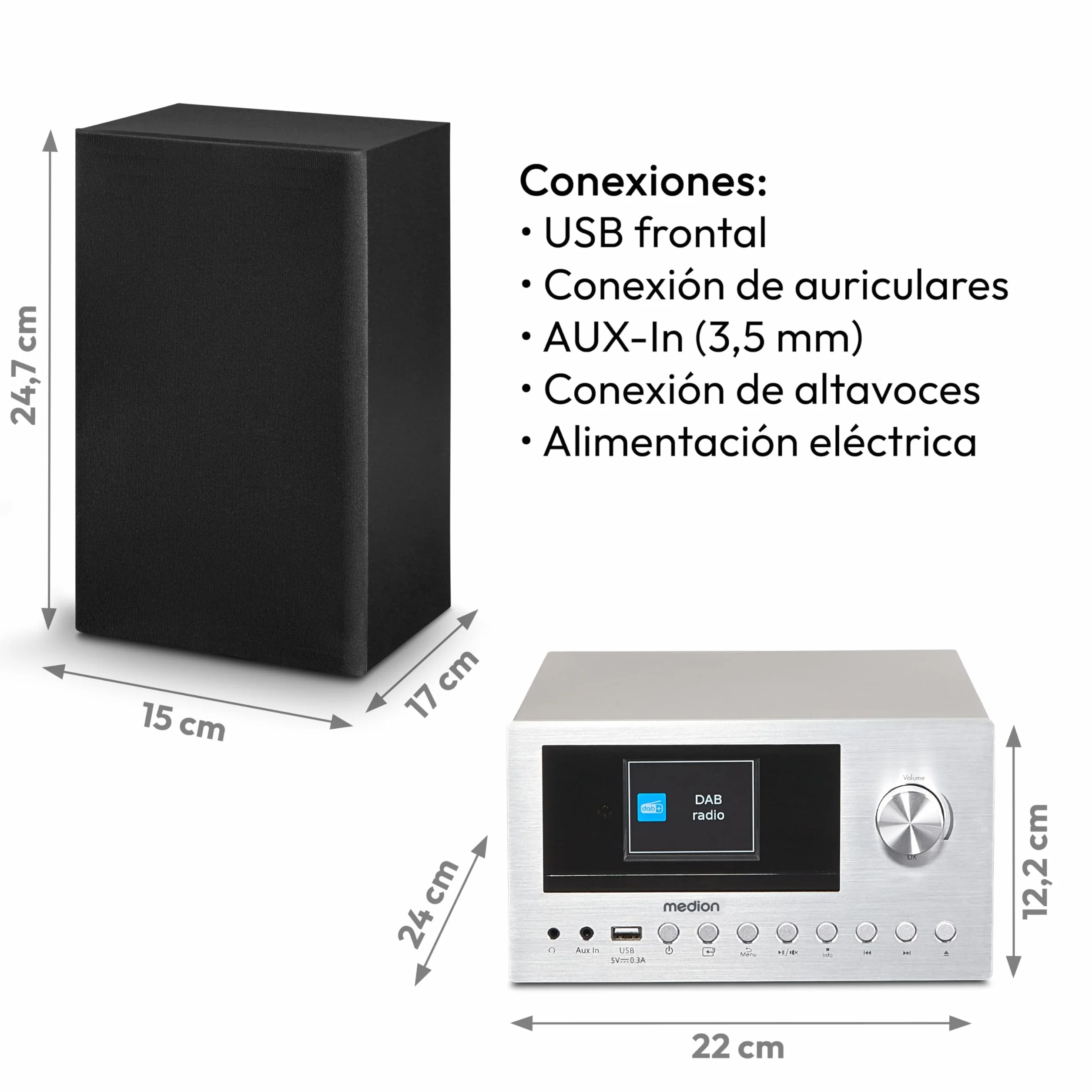 MEDION P85003 Micro Audio System Compacto (Microcadena, Radio por Internet, Dab+, Radio FM con PLL, Bluetooth, conexión USB, AUX, 2x150 W)