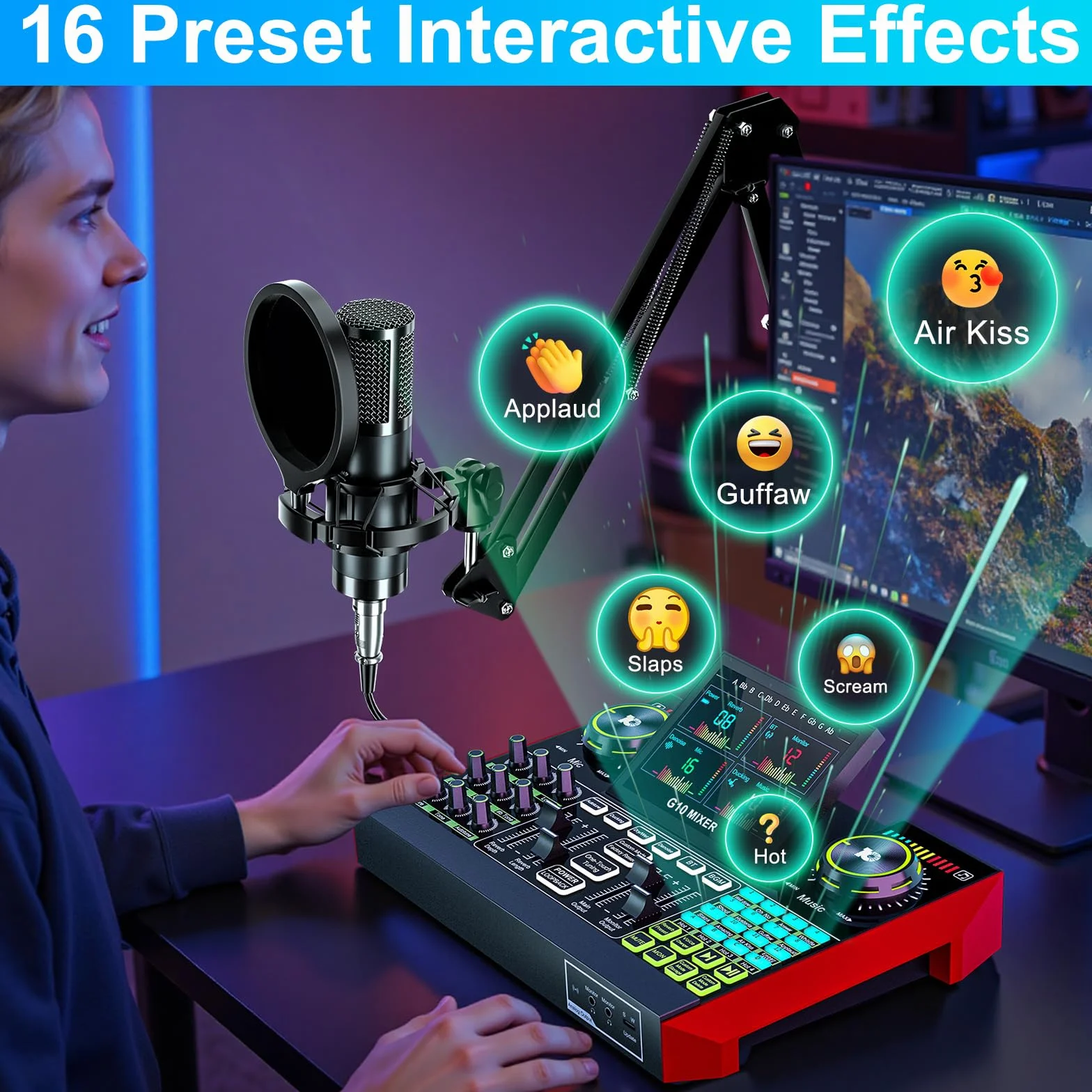 Equipo de podcast con tarjeta de sonido en vivo, mezclador de audio y micrófono de condensador de 3,5 mm para canto en vivo, creación de contenido en streaming y tablero de sonido con soporte para