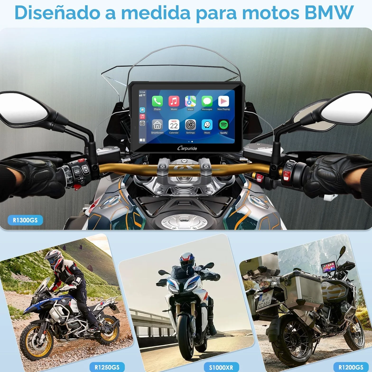 Carpuride W702B Pro Motocicleta Carplay Pantalla, 7" Impermeable Táctil, Inalámbrico CarPlay y Android Auto, Dual Bluetooth, Intercomunicador